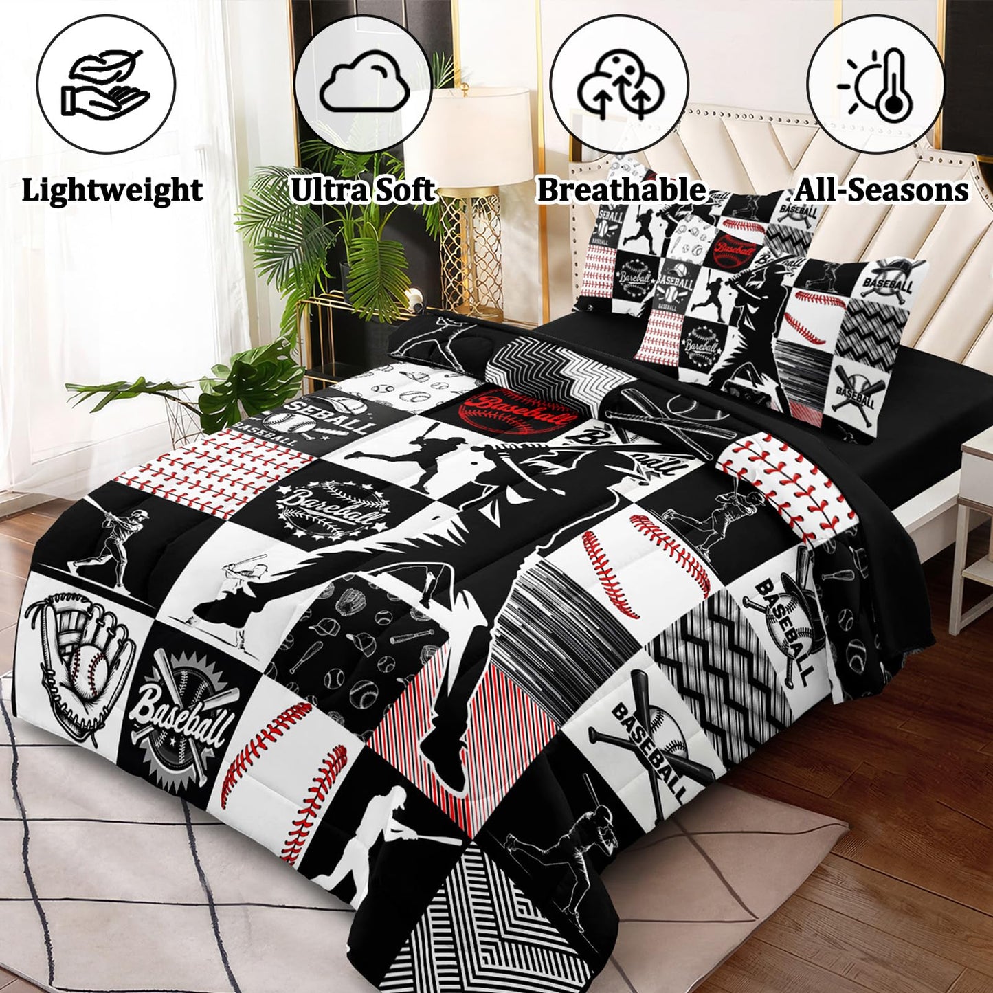 HICAND 5 Pcs Baseball Full Bedding Set for Boys Teens, Full Size Sports Cool Baseball Boys Comforter Set with Sheets