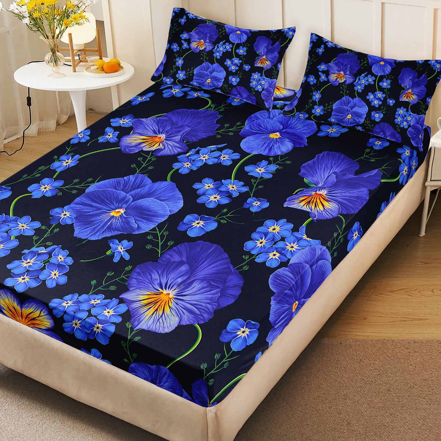 AILONEN Beautiful Flower Fitted Sheet Set Queen Size, Pansy Violet Bedding Set for Kids Teens Girls Women,Floral Plant Bed Sheet Set,1 Fitted Sheet + 2 Pillowcases,3Pcs