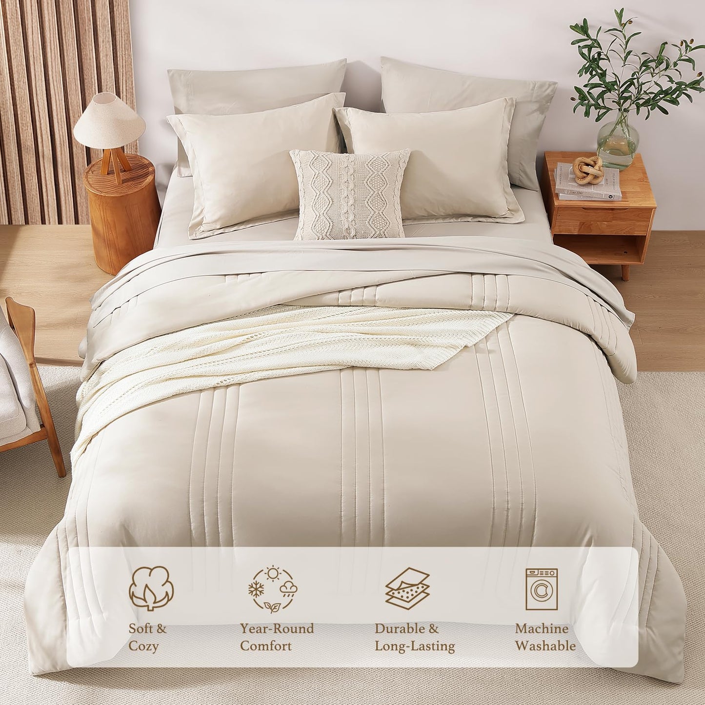 Monbix Queen Comforter Set - 7 Pieces Beige Bed in a Bag Queen Bedding Sets with Comforters, All Seasons Comforter Bed Set with Sheets, Pillowcases & Shams
