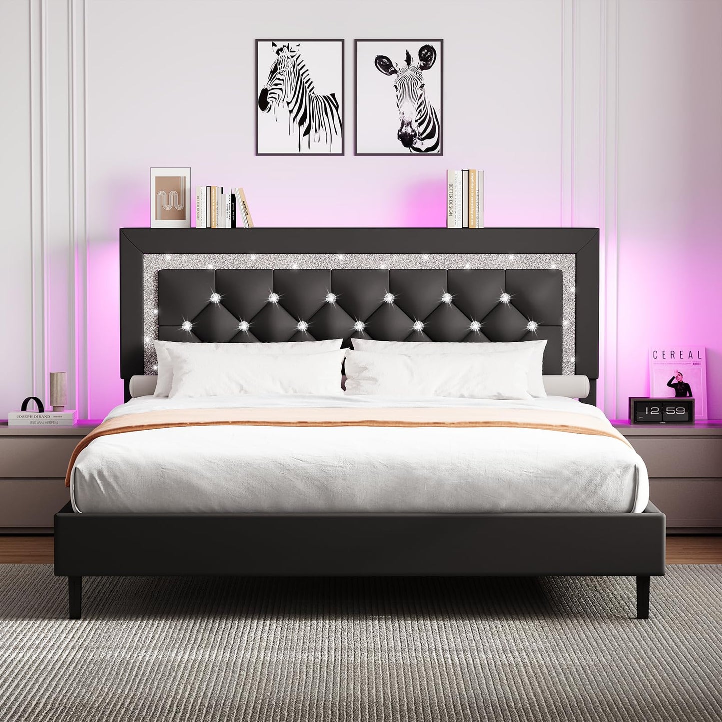 BarnFurin Queen Bed Frame with Storage Headboard, Bed Frame Queen Size with Diamond Tufted Headboard and LED Lights, Wooden Slats Support, Noise Free, No Box Spring Needed, Easy Assembly, Black
