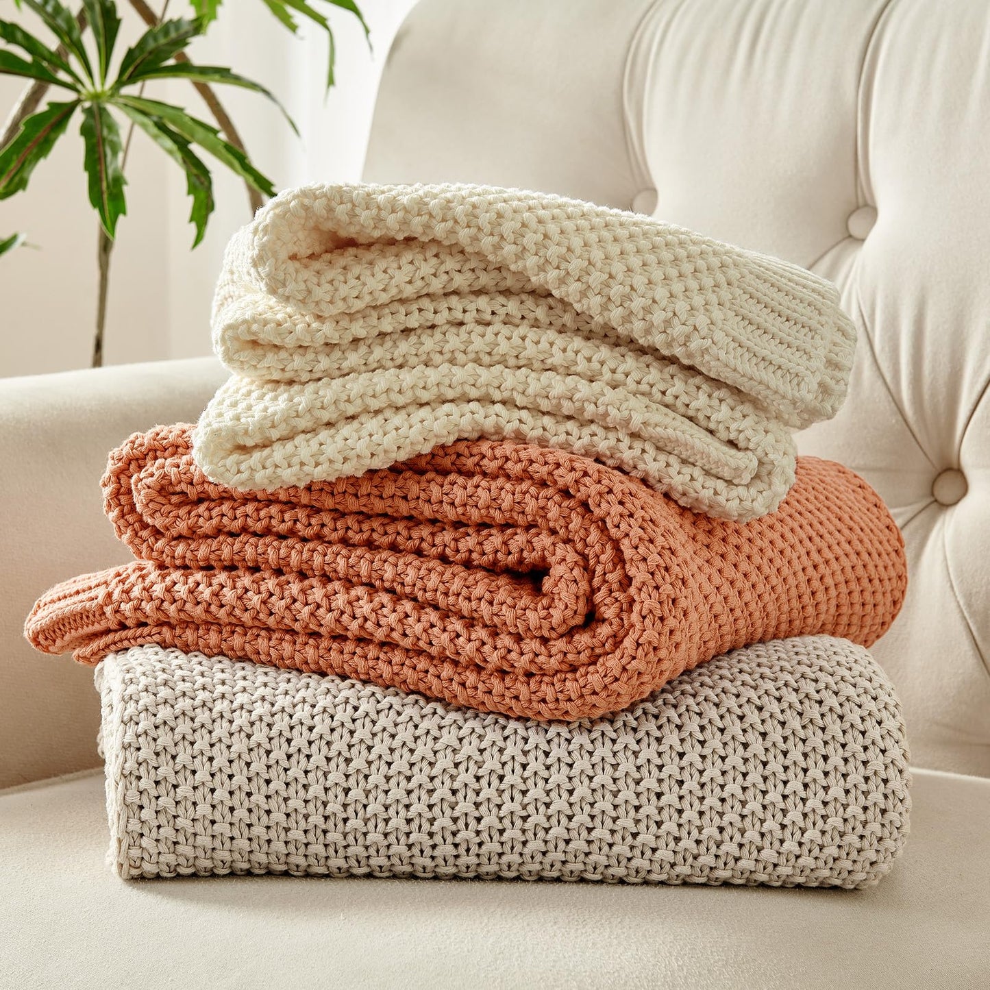 Joydeco Chunky Cable Knit Throw Blanket, Lightweight 100% Cotton Soft Cozy Throw Twin Blanket for Couch Bed and Sofa, Rustic Breathable Farmhouse Blanket Gift for Women Men(Cream White, 51"x63")