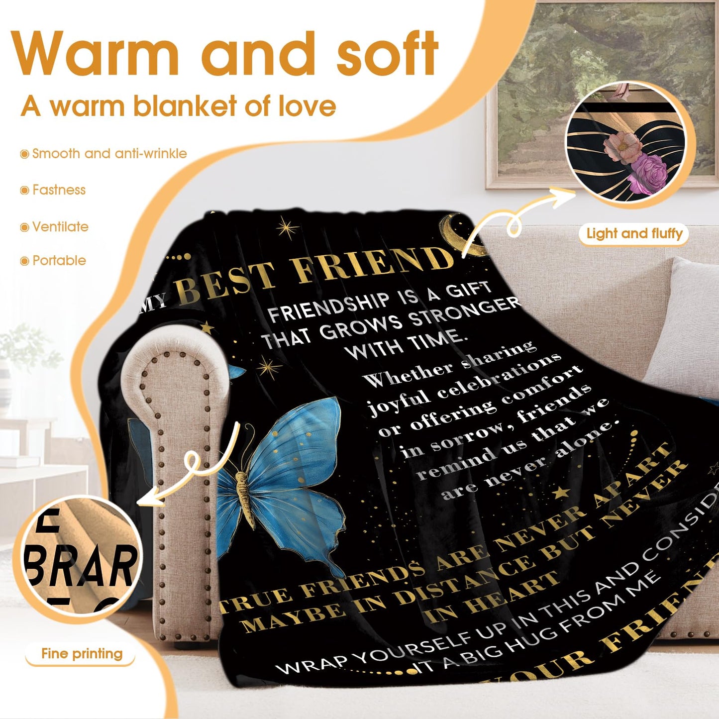 Hohoto Best Friend Friendship Gifts Blanket for Women Men Mom Birthday Christmas Halloween Easter Gift Female Friends Kids Girls Boys Blue Butterfly Inspirational Words Throw Blanket 50"x60"