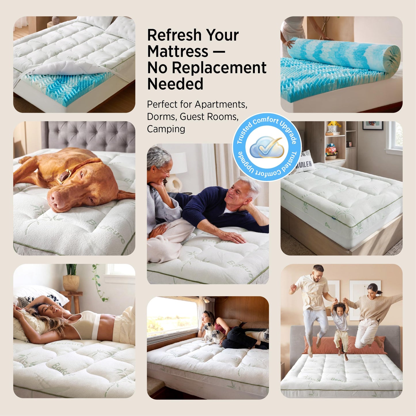 Bedsure 2-in-1 Mattress Topper, 5 Inch Memory Foam Mattress Topper Queen, 3 Inch Memory Foam + 2 Inch Viscose Made from Bamboo Mattress Topper Pad Cover, Flippable Memory Foam with Dual Comfort, White