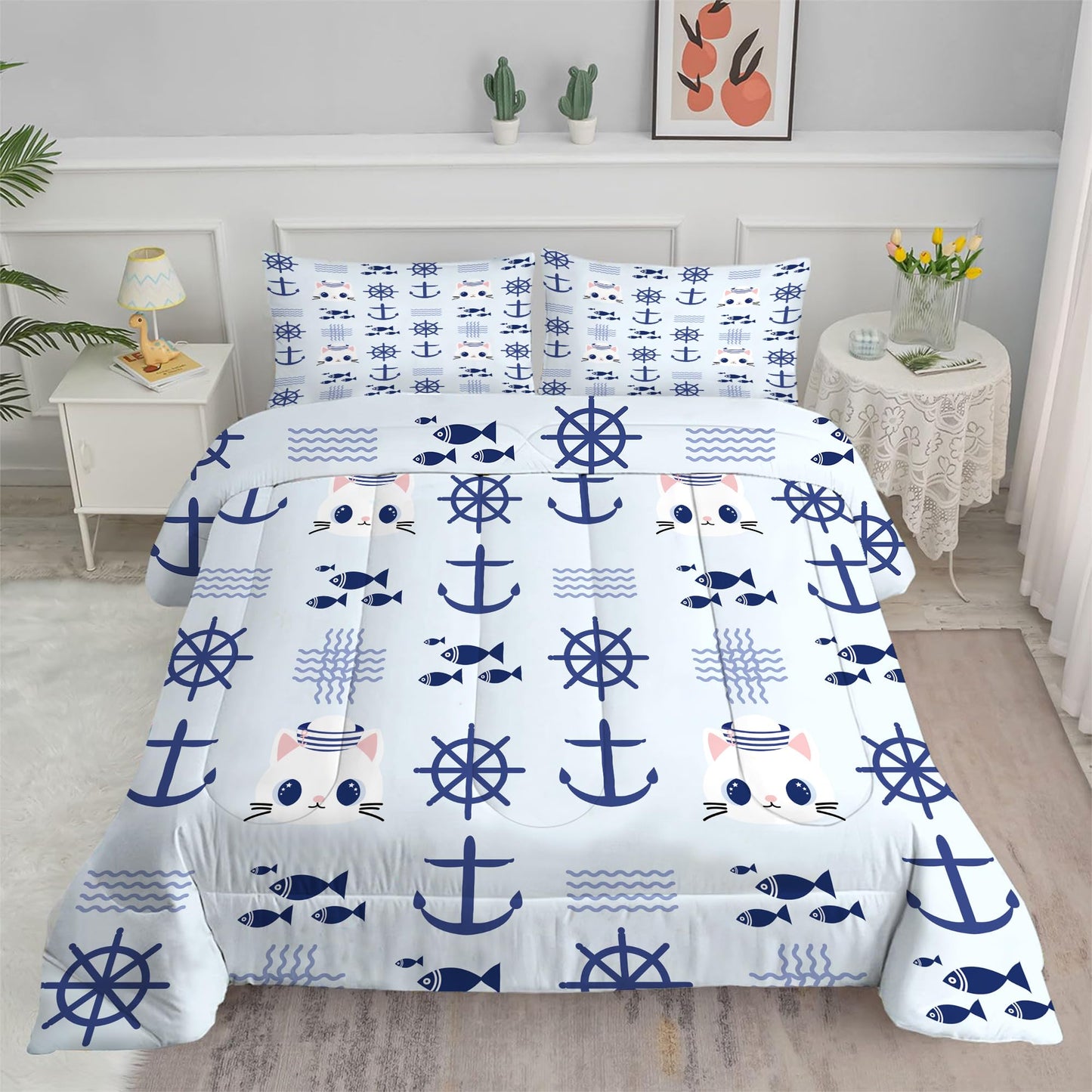 EDGZKO Nautical Cat Comforter Set Full Size Navy Anchor Sailor Cats Bedding Sets Cartoon Blue Marine Theme Bed Set for Teen Girls Boys Kids, 1 Comforter & 2 Pillowcases