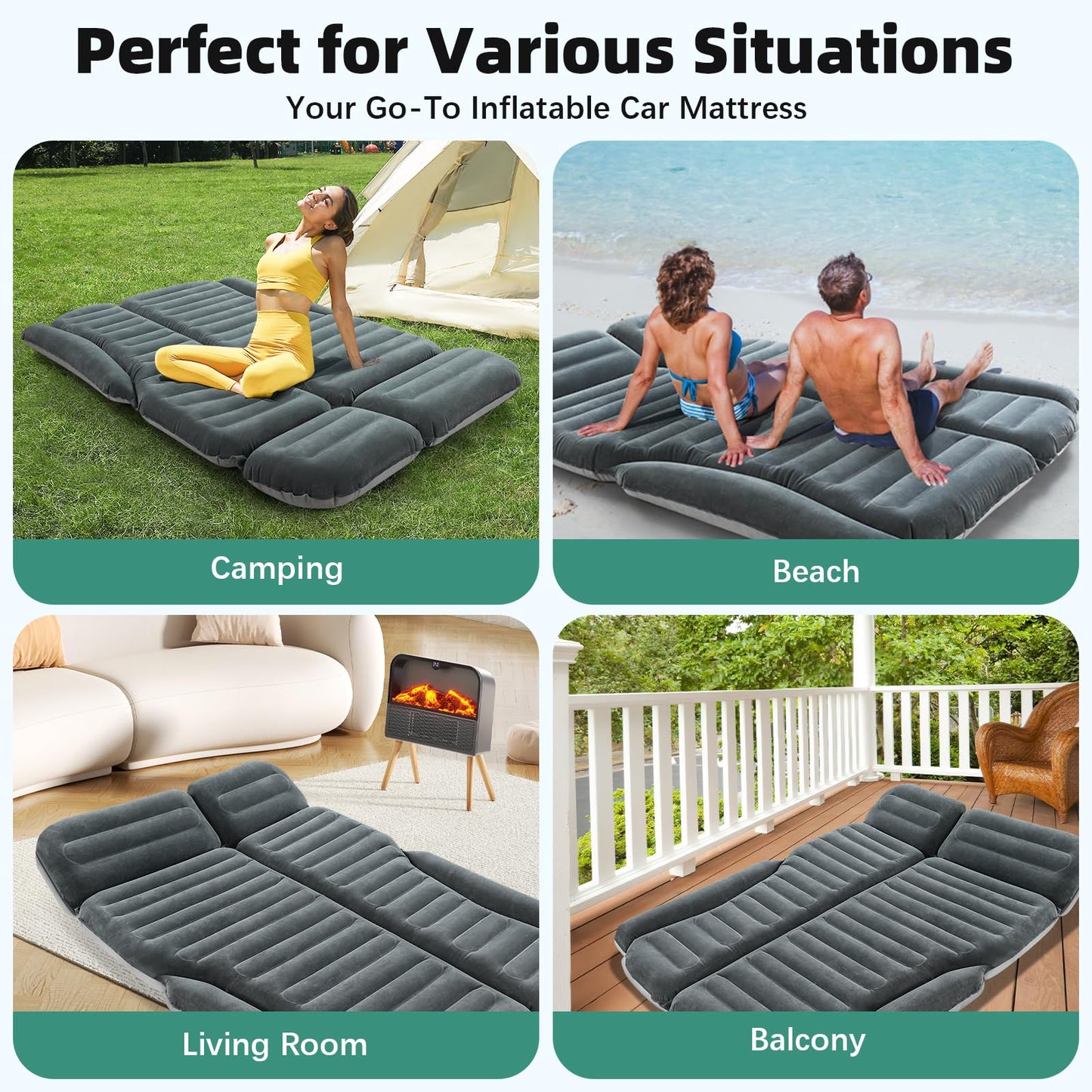 KMZ SUV Air Mattress Double Sided Thickened Flocking Car Bed – Portable Inflatable Mattress Pad for Camping & Travel with 2 Pillows & Electric Pump (Green+Light Gray)