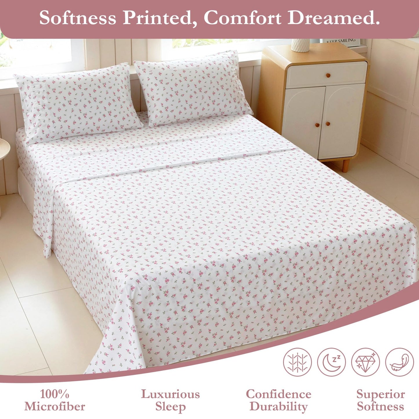 MICORAL Boho Floral Queen Sheet Set, 4-Piece Printed Botanical Bed Sheets, 16" Deep Pocket, Ultra Soft & Cooling Sheet, Oeko-TEX Certified, Pink Cute Flower