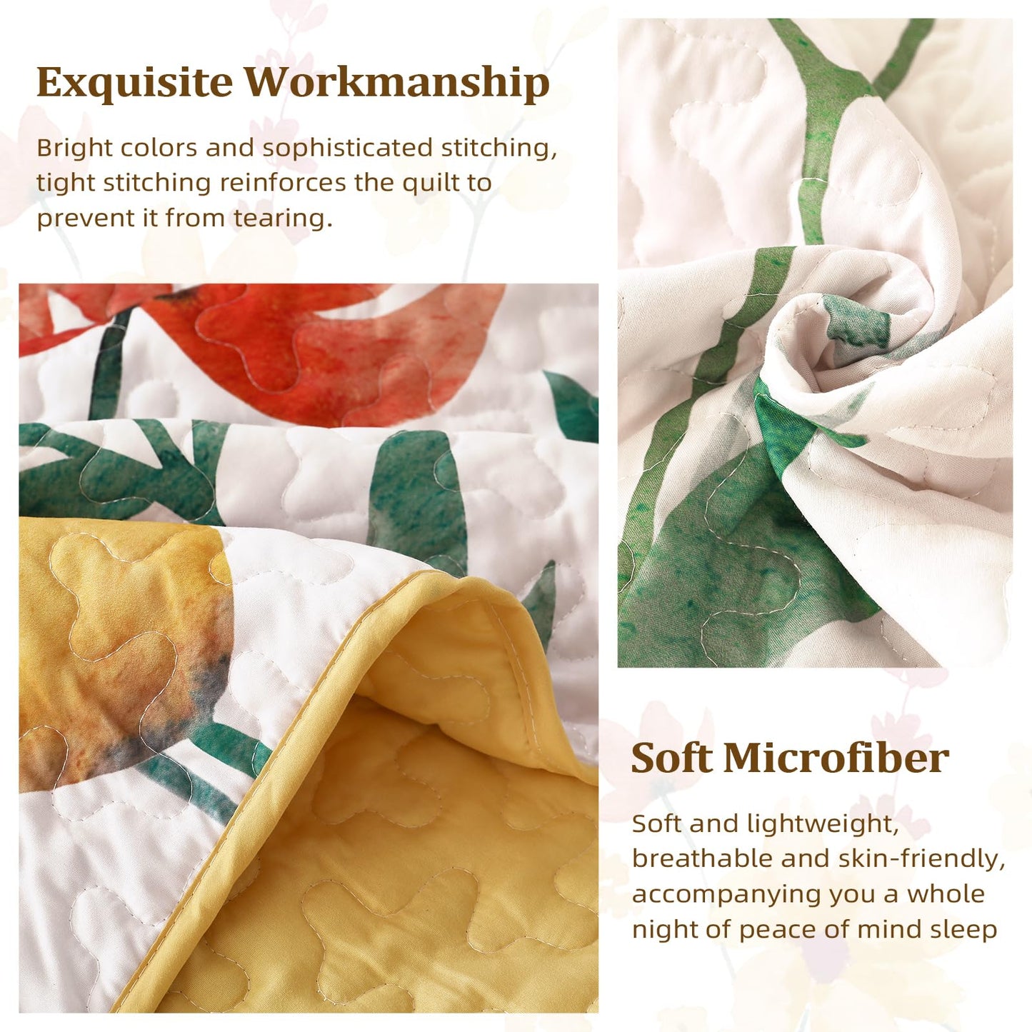 Anibedding Quilt Set Queen Size, Yellow Floral Reversible Bedspread Soft Microfiber Lightweight Queen Size Quilt Bedding Sets Reversible Coverlet for All Season(Queen, 96"x90")
