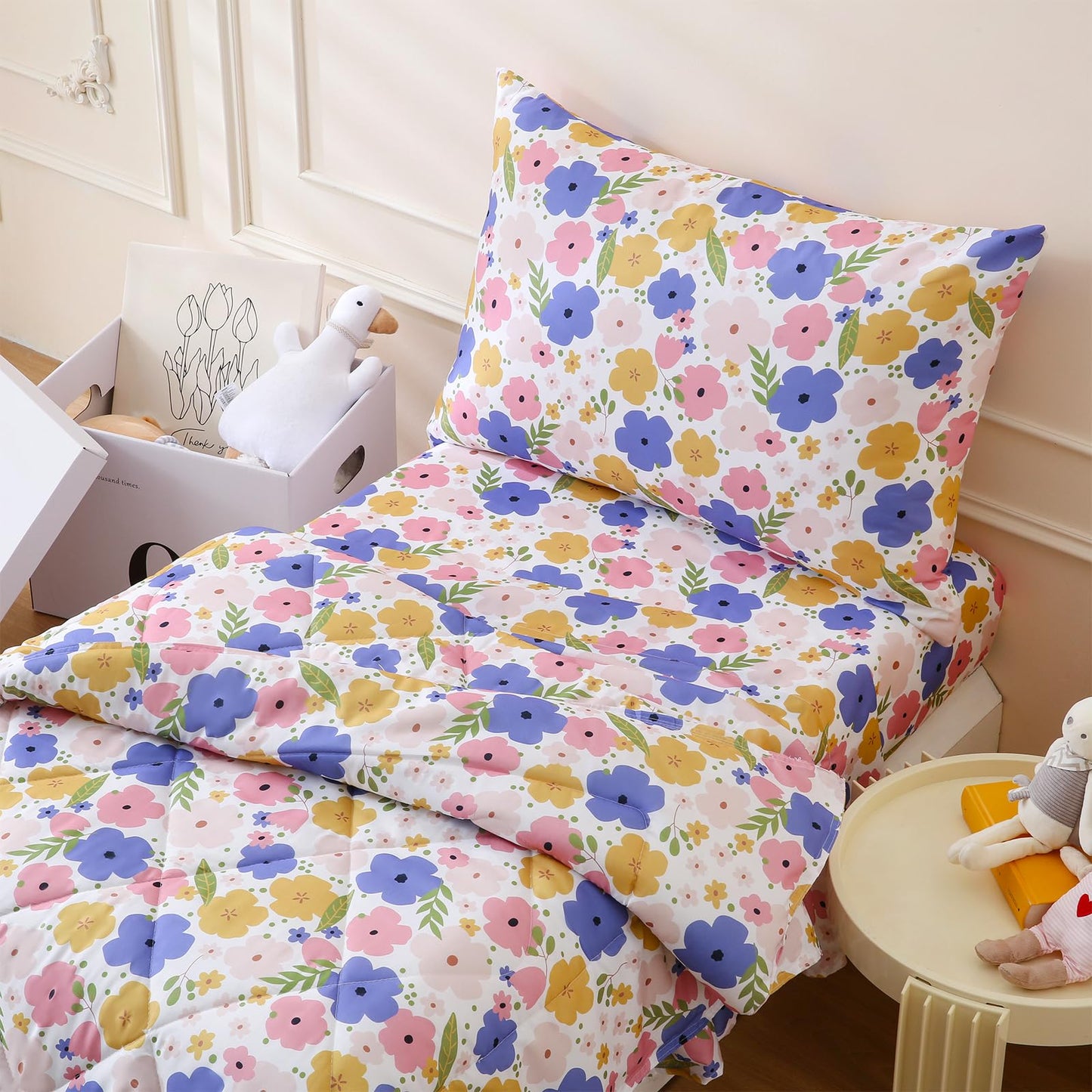 LONAVA Toddler Kids Comforter Set - 4 Pieces Toddler Bedding Sets for Boys Girls Children, Ultra Soft Microfiber Bed in A Bag with Flat Fitted Sheets, Flower