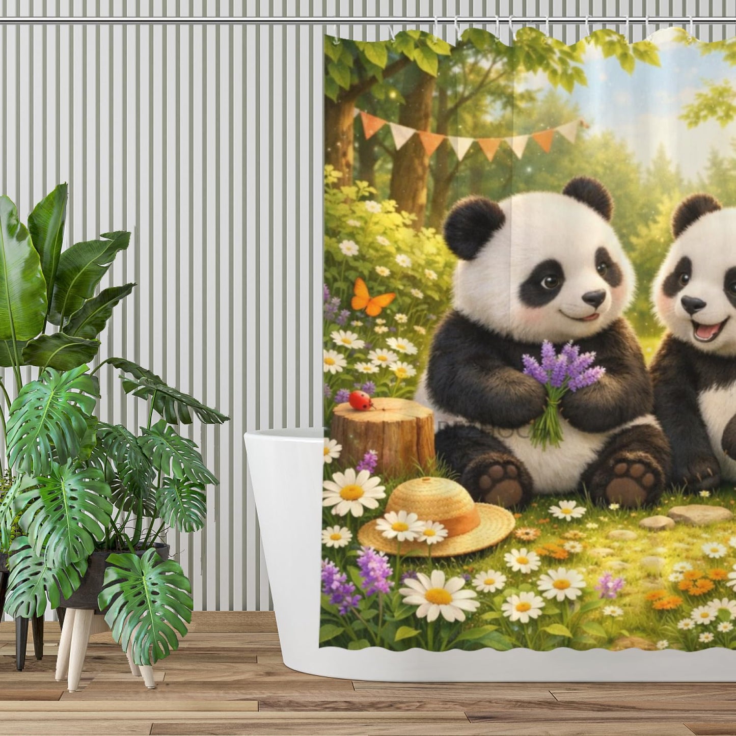 REZHOCH Funny Panda Shower Curtain 72x72Inch,Forest Wildflower Rustic Home Bathroom Decor,Cute Animal Floral Nature Woodland Farmhouse Waterproof Fabric Bath Set with Hooks