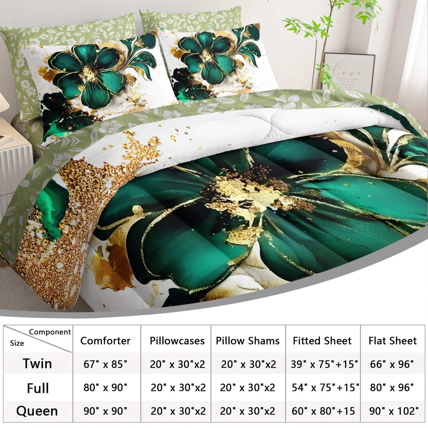 AILONEN Gold Green Floral Comforter Set Full Size,7-Piece Soft Bed in a Bag,Marble Flower Comforter & Fitted Sheet & Flat Sheet & 2 Pillowcases,2 Pillow Shams for Girls Women