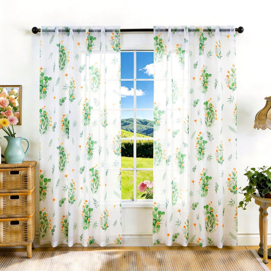 youleyar Floral Sheer Curtains for Living Room 84 Inches Long 2 Panels White Semi-Sheer Curtain with Green Floral Printed Pattern Summer/Spring Rod Pocket Voile Drapes for Bedroom, 52" W x 84" L