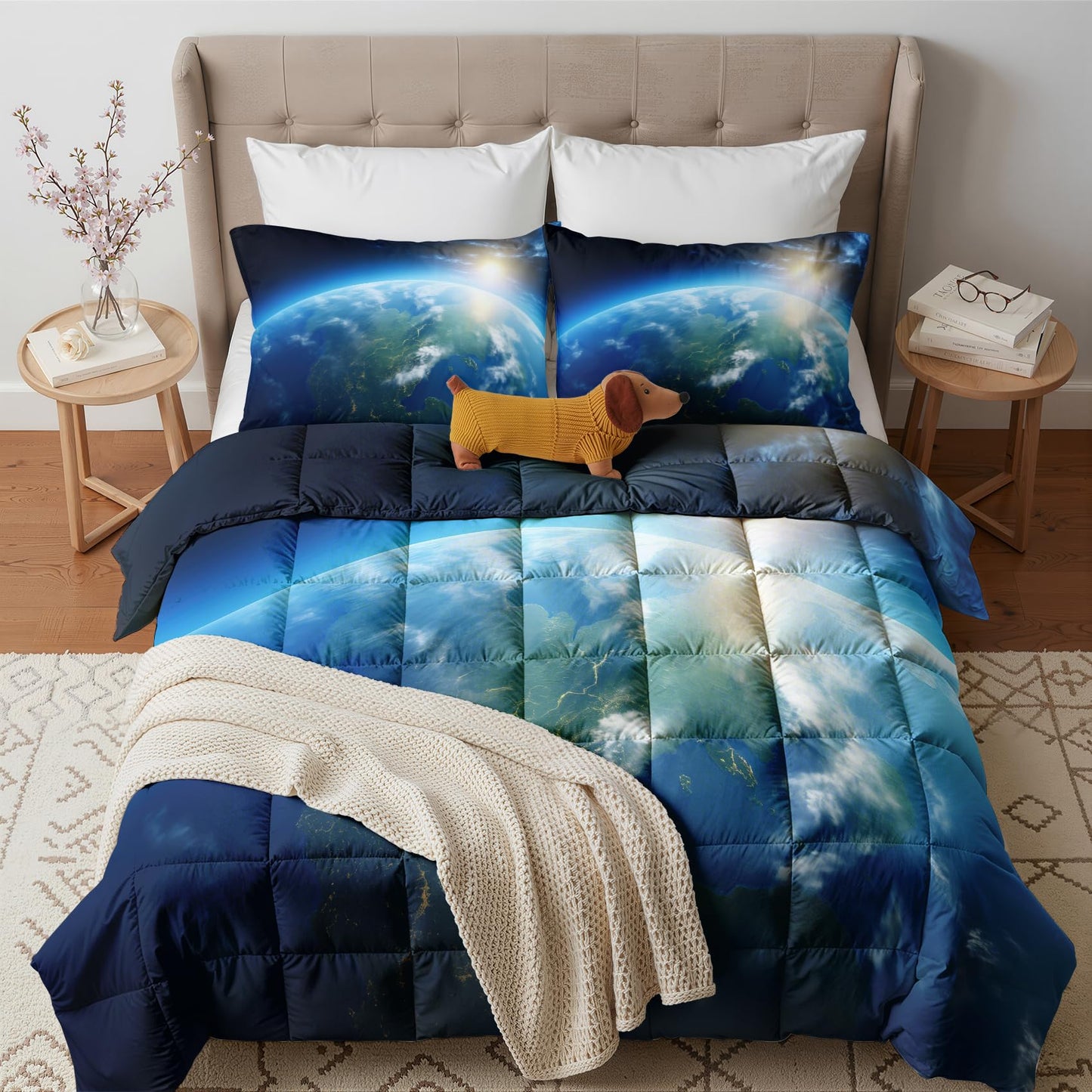 Earth Comforter Set Queen Size 3 Pcs - All Season Comforter & 2 Pillowcases, Space Planet Bedding Set, Soft Lightweight Down Alternative Duvet Insert, Boys Astronomy Bedroom Decor