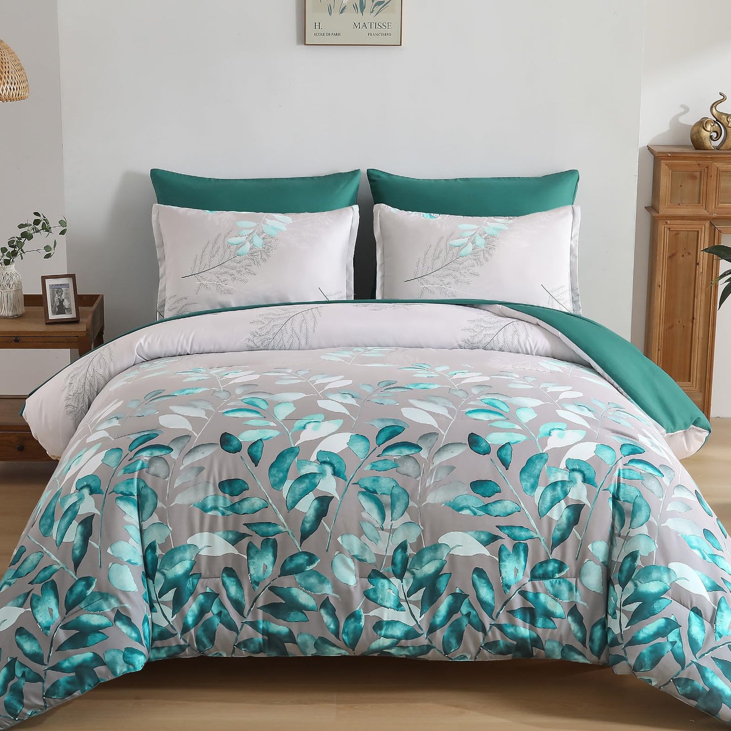 Anibedding Teal Green Floral Comforter Set Queen, 7 Piece Green Botanical Gradient Leaves Ultra Soft Microfiber Down Alternative Bedding Set with Sheets and Bedroom for All Season