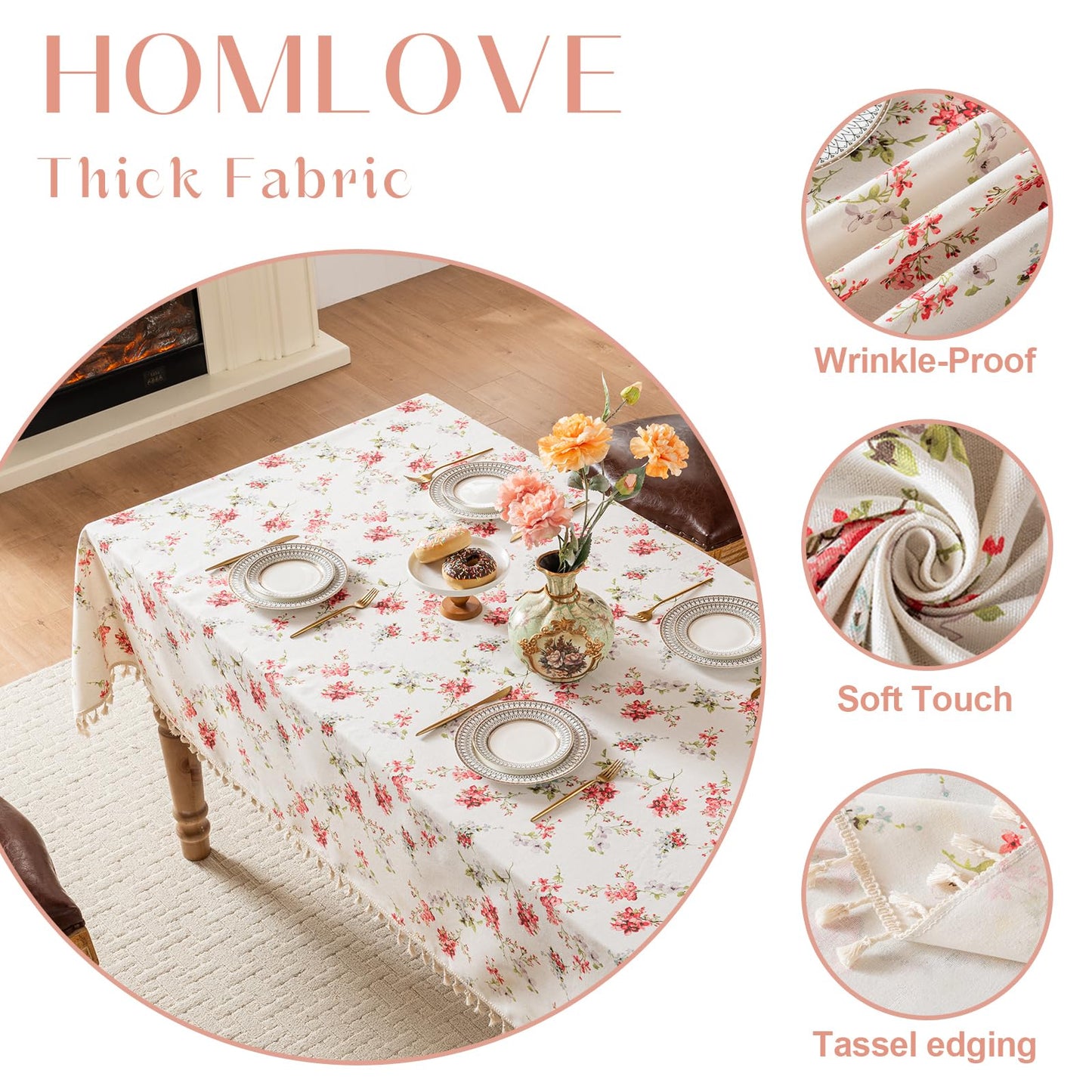 HOMLOVE Tablecloth Pastoral Style, Waterproof & Stain Resistant Table Cloth Wrinkle Free Table Cover for Dining/Kitchen/Patio, Washable Indoor & Outdoor Use (Red Flower, 55"X120")