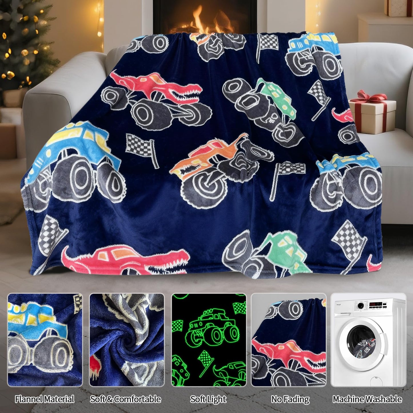 TEHALK Monster Truck Blanket for Boys/Girls/Kids/Toddler/Baby, Monster Truck Toys for Boys Age 3-12, Car Blanket for Birthday/Unique Gifts 40"x 60"