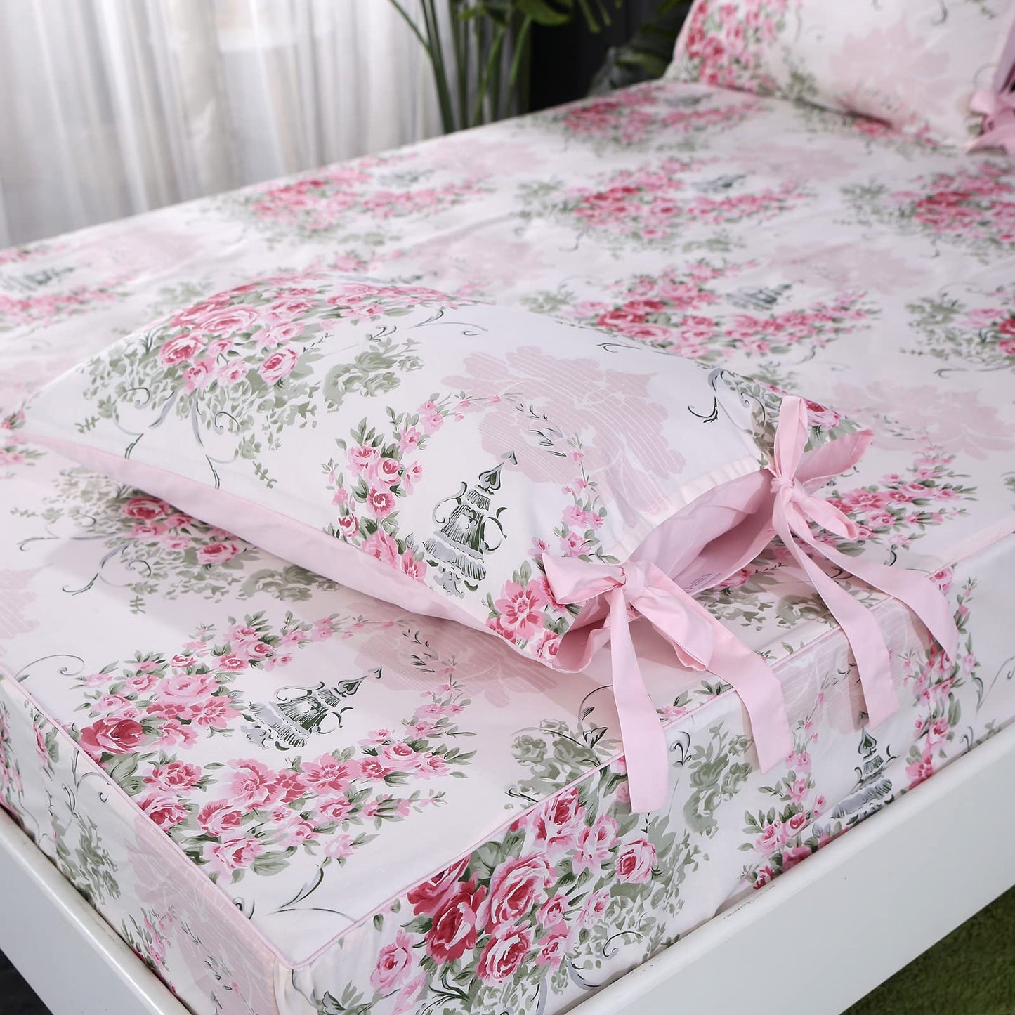 FADFAY Floral Bed Sheets 4Pcs Twin XL 100% Cotton Deep Pocket Fitted Sheet Sets Lightweight Soft Rose Bed Sheets for Girls All-Season Use