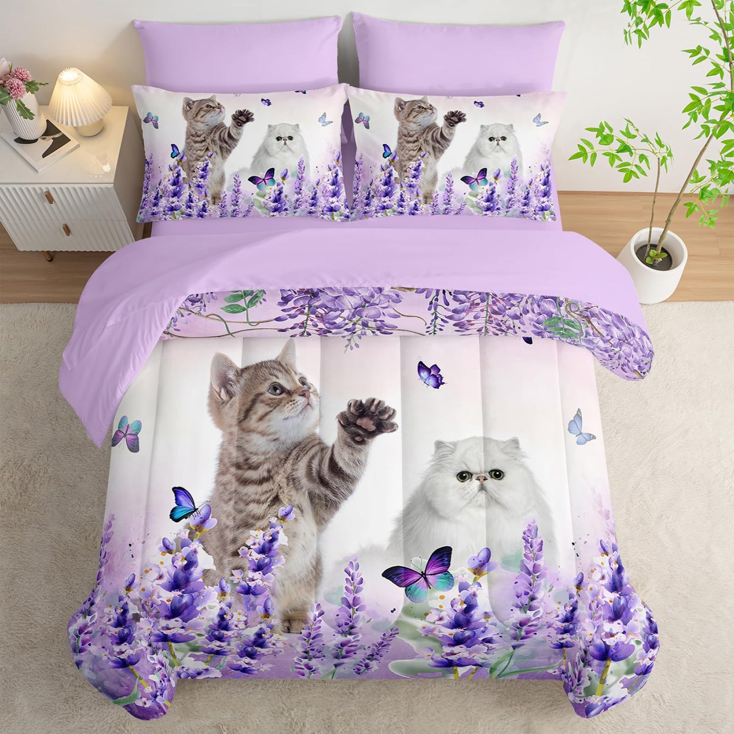 AILONEN Cat Comforter Set Twin Size, Kawaii Kitten Animal with Butterfly Bedding Set for Kids Girls,Purple Flowers Bed in a Bag,Comforter & Fitted Sheet & Flat Sheet,2 Pillowcases,2 Pillow Shams