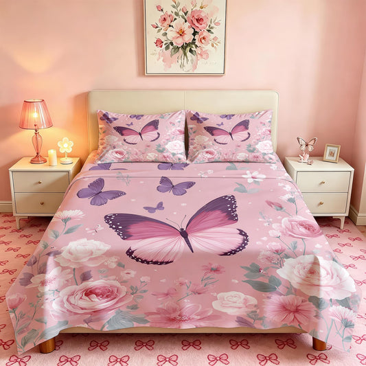 Pink Rose Bedding Set 4 Pcs Girls Butterfly Full Sheets