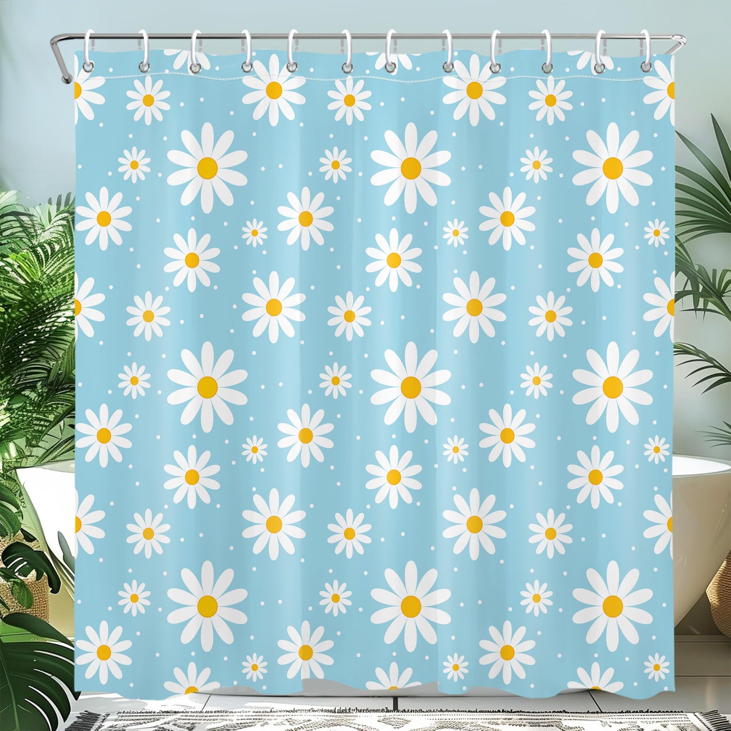 Mayormyth Shower Curtain Blue Floral Cute Daisy Bathroom Curtains for Girls Bathroom Decor Boho Retro Shower Curtain Set Polyester Waterproof Cloth Fabric with Hooks