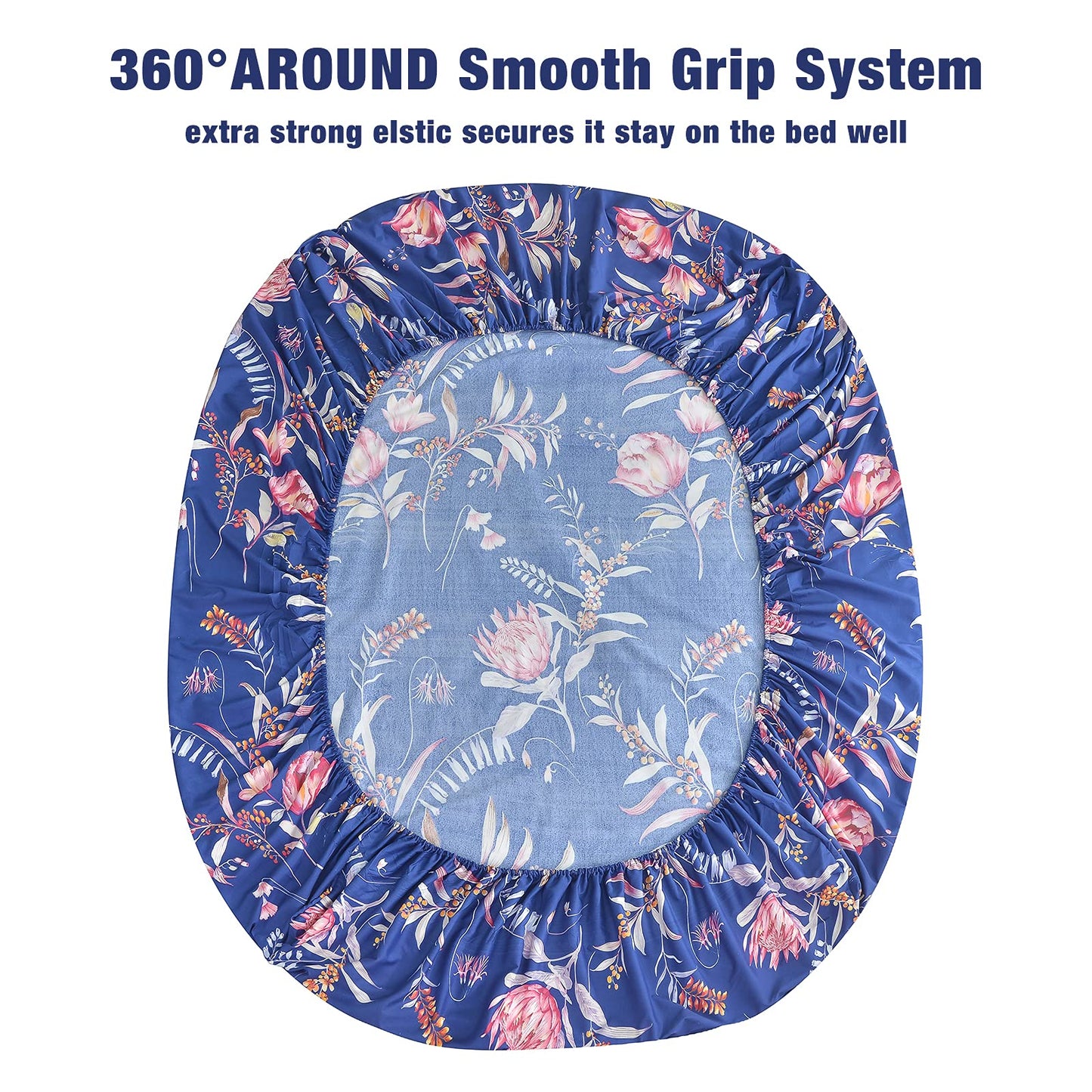 JSD Navy Floral Sheet Set Full Size, 4 Piece Printed Microfiber Sheets Extra Deep Pocket Wrinkle Free