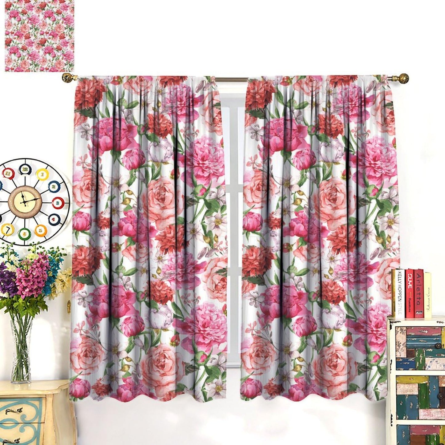 BenYaSong Watercolor Flower Blackout Window Curtain, Victorian Floral Pattern Painting Style Print with Peonie for Kitchen Bedroom Children Living Room Window Curtain Drapes 2 Panels 42x45 Inch