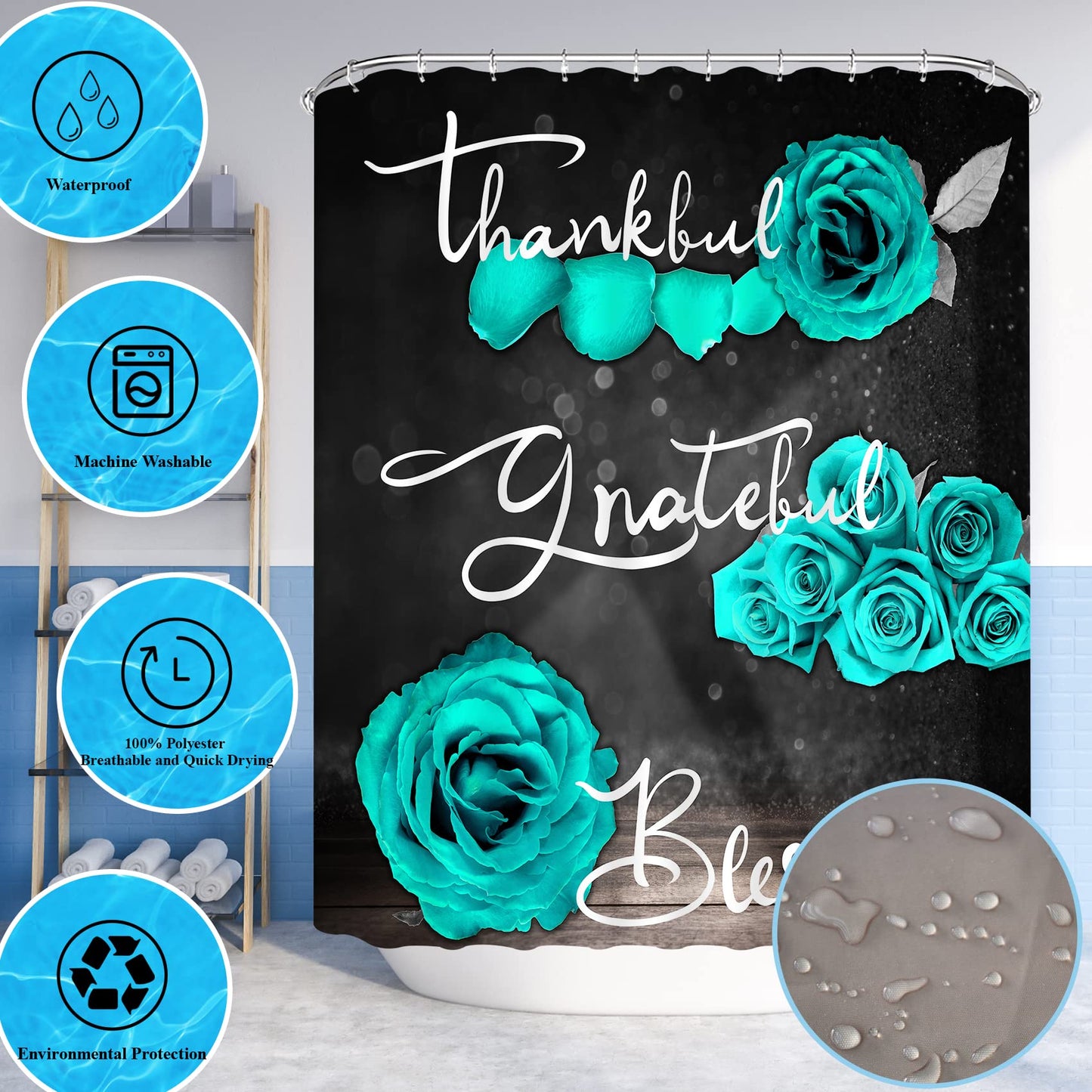 4Pcs Teal Rose Shower Curtain Set, Thankful Grateful Blessed Turquoise Bathtub Curtain with Non-Slip Rug, Toilet Lid Cover, Bath Mat and 12 Hooks, Romantic Green Floral Bathroom Decor, 72 x 72 inch
