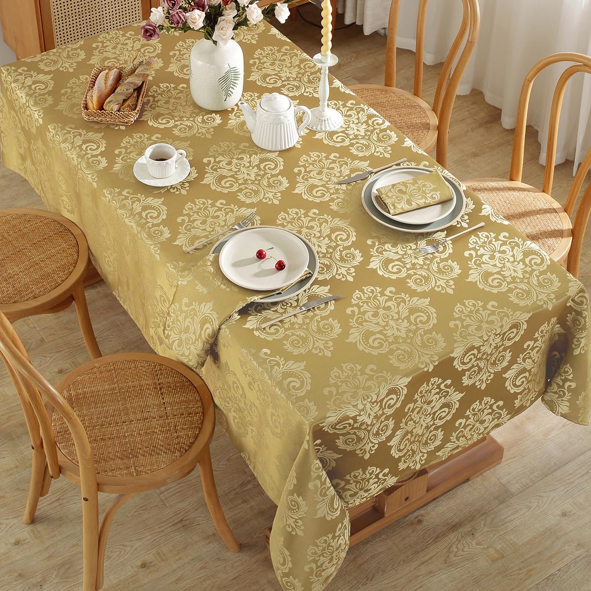 SASTYBALE Damask Gold Tablecloth Rectangle 52 x 70 Inch, Floral Jacquard Spill Proof Washable Polyester Table Cloth, Soft Table Cover for Dining/Party/Wedding/Indoor/Outdoor