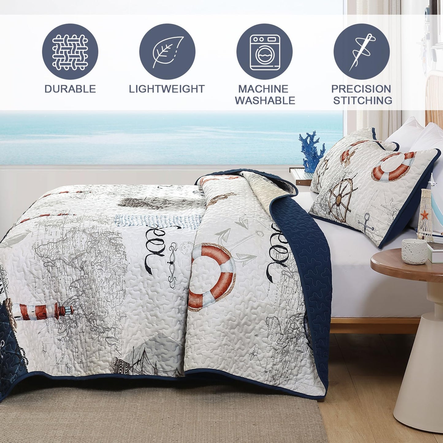 Djoymock Ocean King Size Quilt Set 3 Piece,Nautical Coastal Quilt Bedding Set with 2 Shams Soft Lightweight Beach Bedspread Coverlet Summer Reversible Microfiber Comforter Set for All Season, 104"x90"