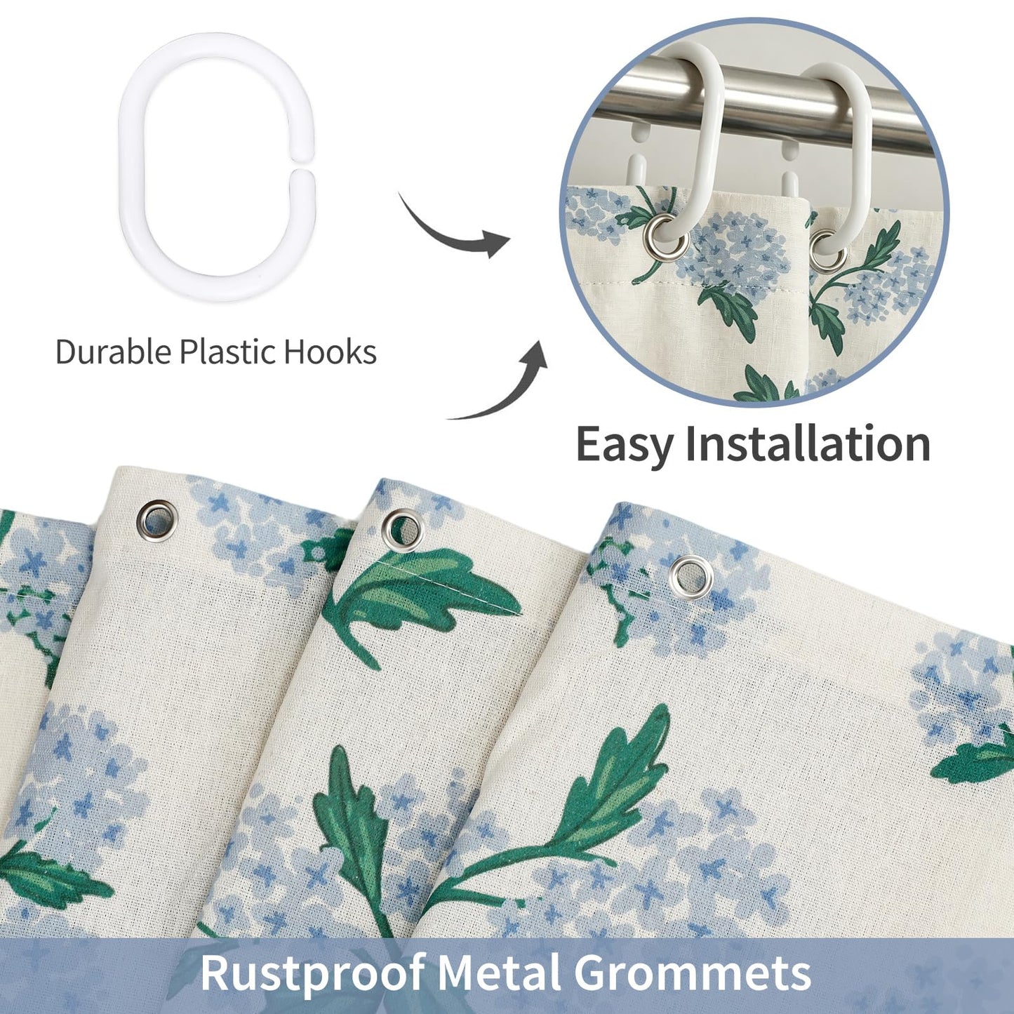 FYSUIMU Linen Textured Ruffle Shower Curtain with 12 Hooks Blue Hydrangea Floral Block Print Waterproof Bath Curtain for Summer Farmhouse French Country Bathroom Decor, 72 x 72 Inch