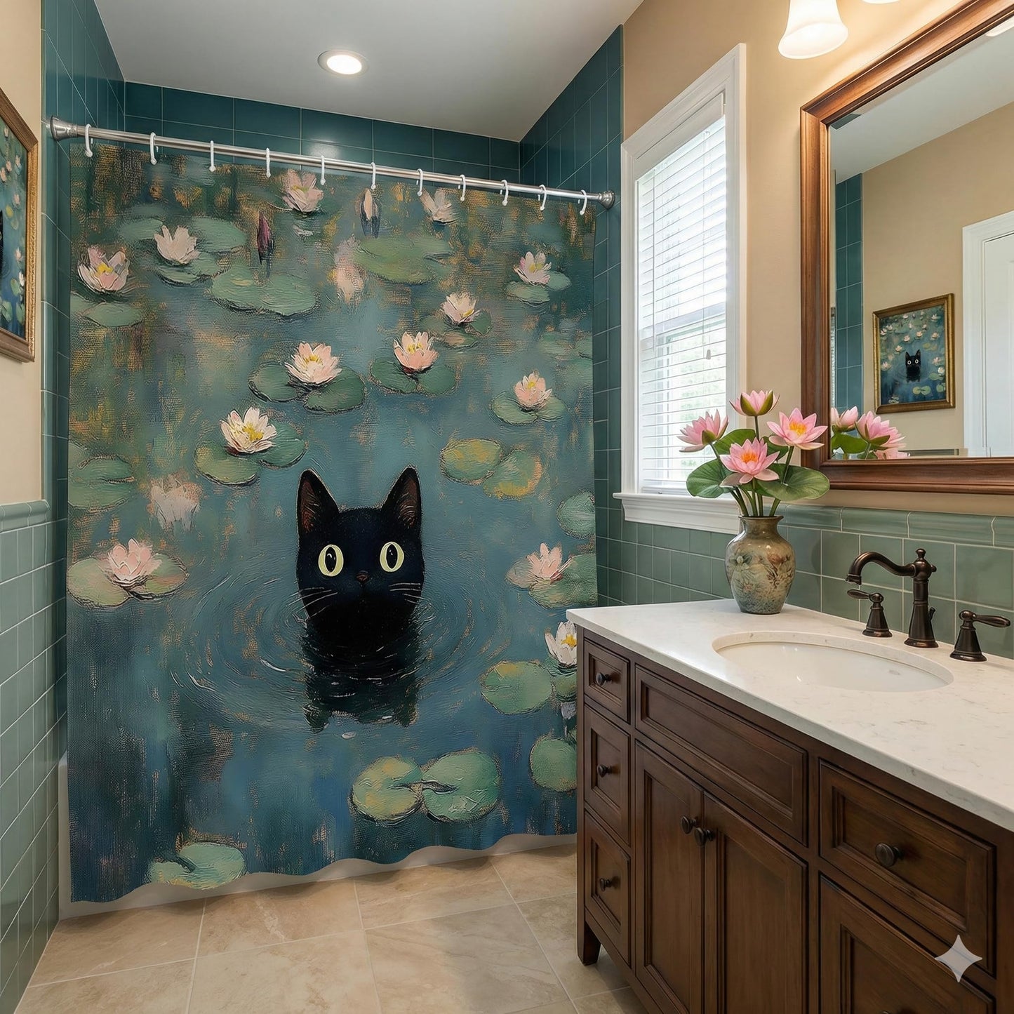 ZFMRZF Black Cat Shower Curtain, Waterlily Pond Oil Painting Style, Cute Kitten Bathroom Decor Polyester Curtains Set with Hooks 70x70 Inch