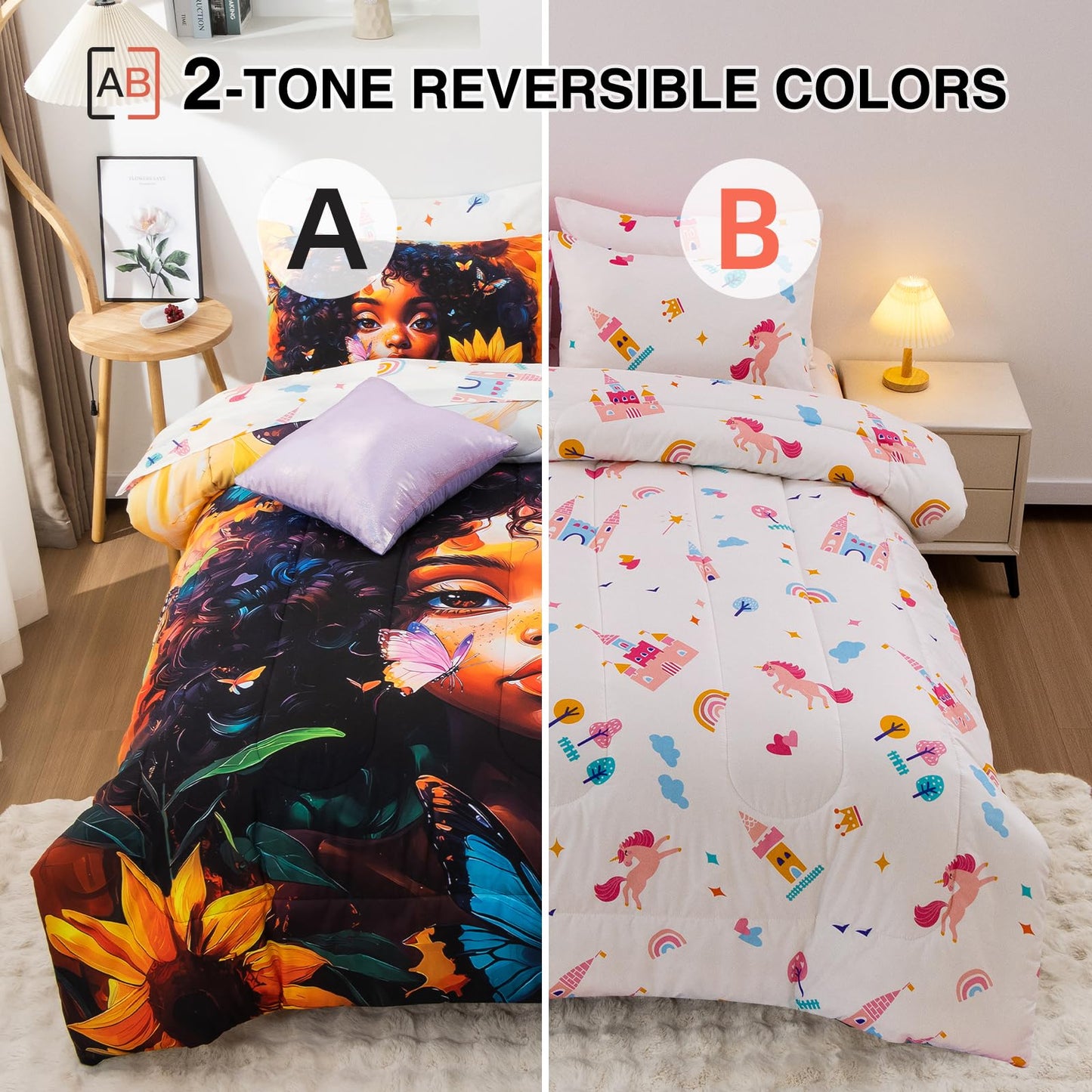 A Nice Night 6pcs Comforter Sets,Black Girl with Butterfly Flying Printed, Sunflower Flowering Shrubs Background Kids Bedding Set,Twin