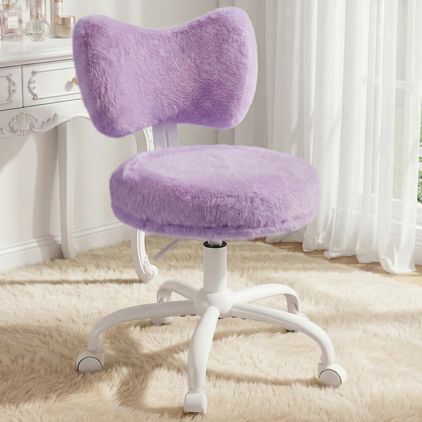 Homkdom Vanity Chair with Wheels, Cute Desk Chair with Bow Backrest, Fluffy Faux Rabbit Fur Small Office Chair for Vanity, Make-up Room, Bedroom, Dorm, Height Adjustable, Purple