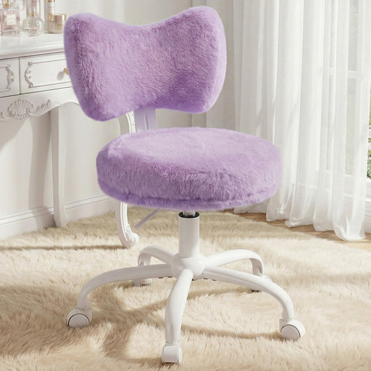 Homkdom Vanity Chair with Wheels, Cute Desk Chair with Bow Backrest, Fluffy Faux Rabbit Fur Small Office Chair for Vanity, Make-up Room, Bedroom, Dorm, Height Adjustable, Purple