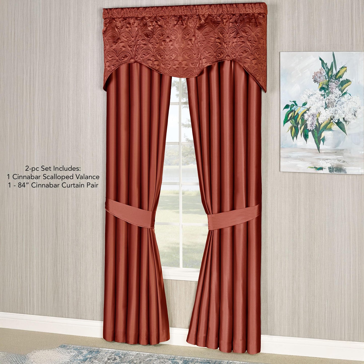 Cambridge Classic Luxury Window Treatment | Warm Cinnabar Solid Color Polyester Satin | Elaborate Damask Quilted Scalloped Valance | Drapery Set Includes Scalloped Valance & 84L Lined Curtain Pair