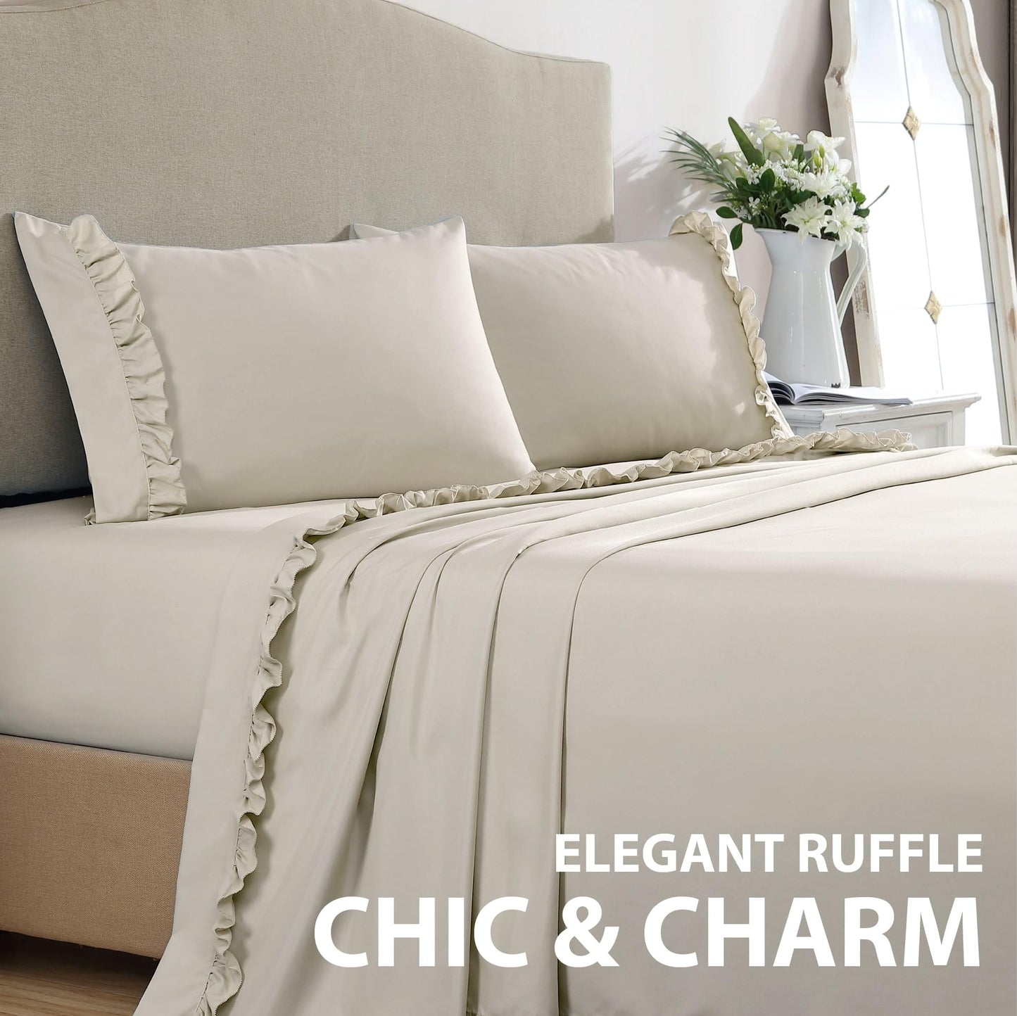 Swift Home Ultra-Soft Elegant 2-inch Ruffled Hem Design on Flat Sheet and Pillowcases, Wrinkle Resistant, Fade Resistant, Deep Pocket, Double Brushed 4-Piece Microfiber Sheet Set - King, Taupe