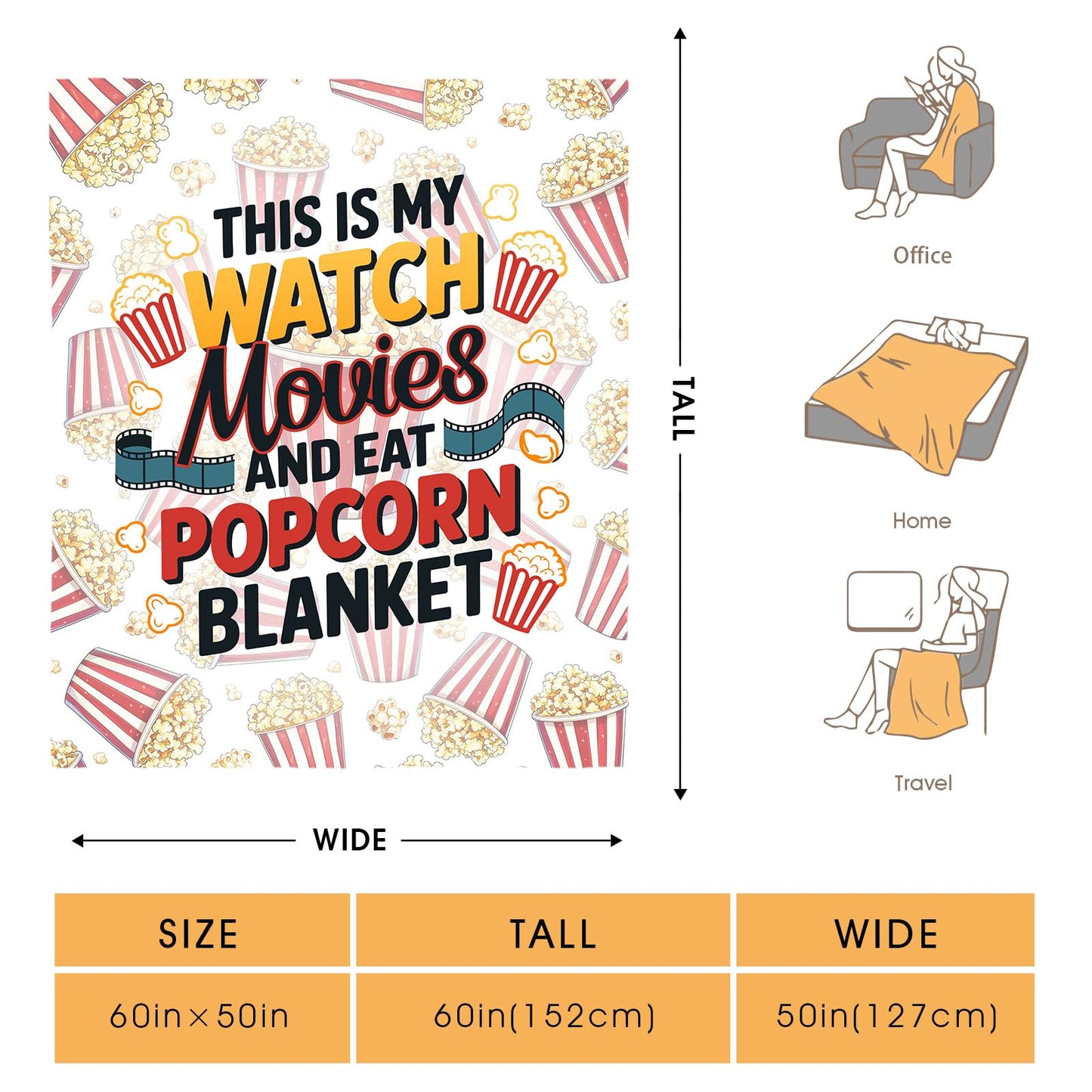 Hohoto Movies Popcorn Throw Blanket Gifts for Adult Kids, Movie Theater Cinema Home Room Decor for Women Men,Blanket for Bed Sofa Couch 50"x60"