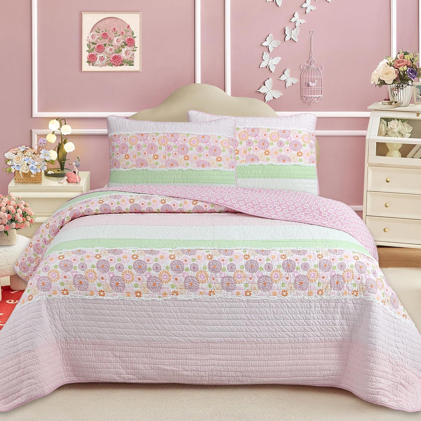 Cozy Line Home Fashions Pink Floral Quilt Set – 100% Cotton Reversible Bedding, Lightweight All-Season Bedspread Coverlet for Girls Kids Room, Queen Size