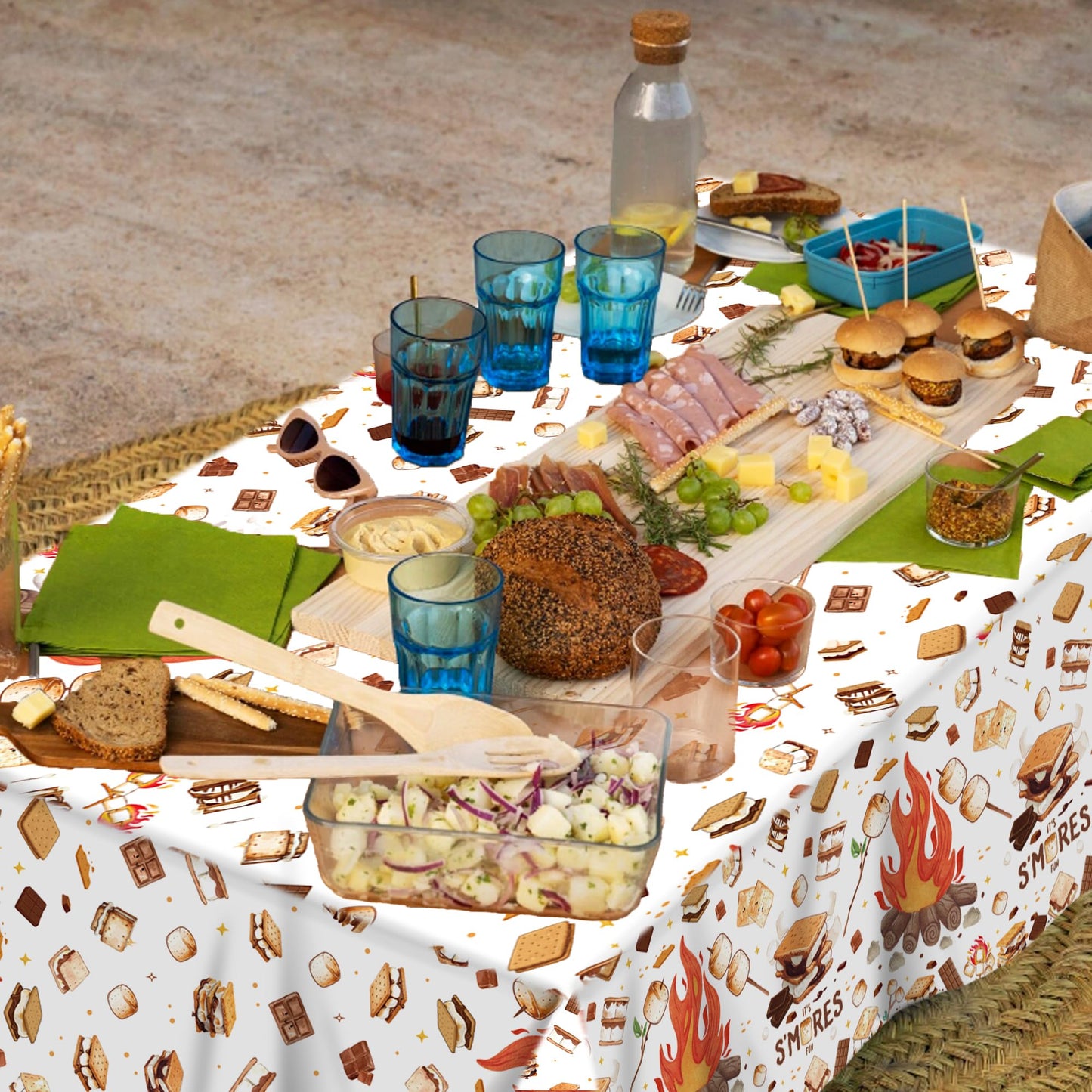 CC HOME 1Pc Camping Party Plastic Tablecloth 54 x 87 Inch Long Table Cover, Marshmallow Sandwich Party Tablecover for Bonfire Camp Theme Kids Baby Shower Birthday Dinner Picnic Kitchen Event