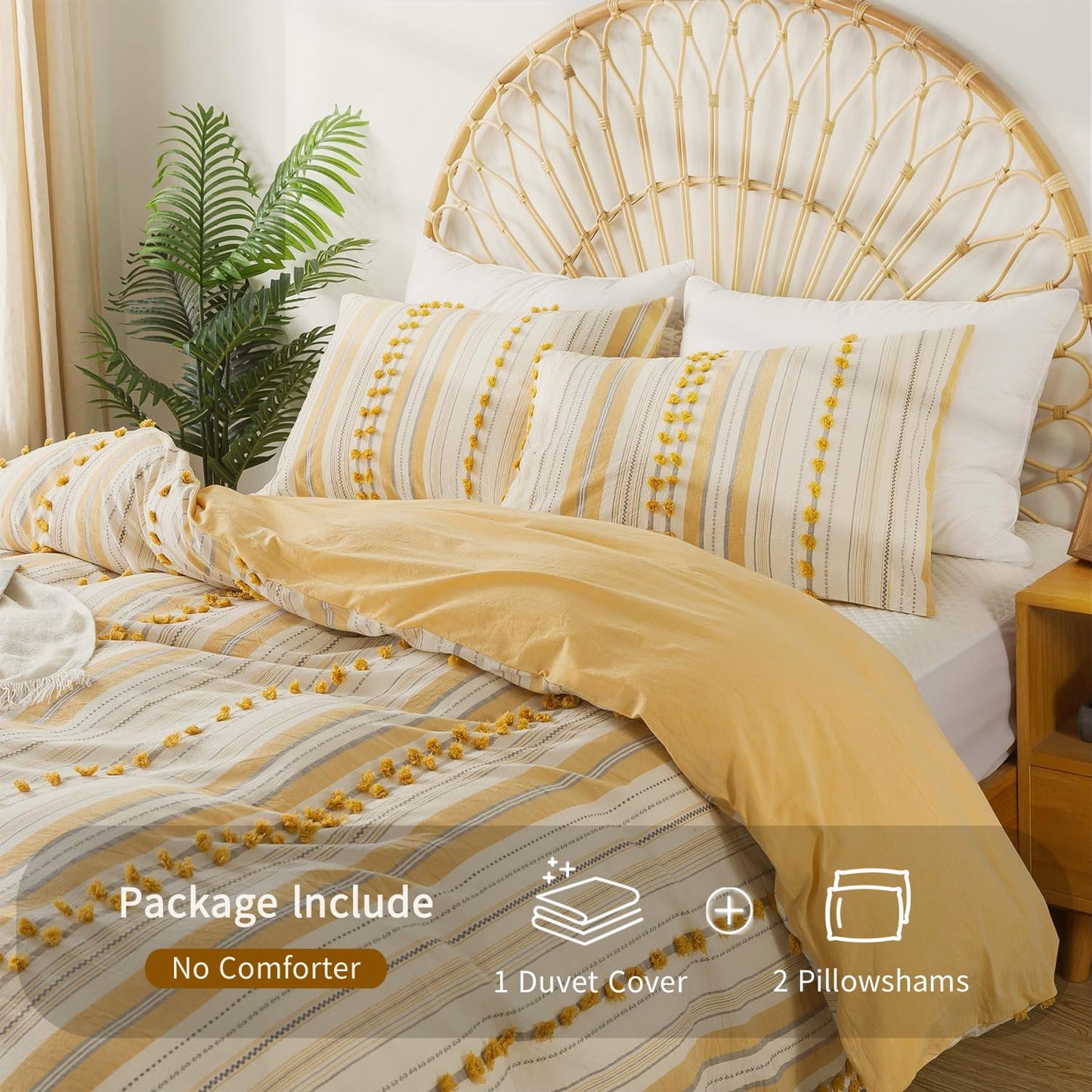 La Sheer Washed Cotton Queen Size Duvet Cover Set - Tufted Dots Boho Chic Bedding for All Seasons, Striped Pom Pom Bedding Linen Like Textured Breathable Durable Soft Comfy (Yellow, 90x90'')