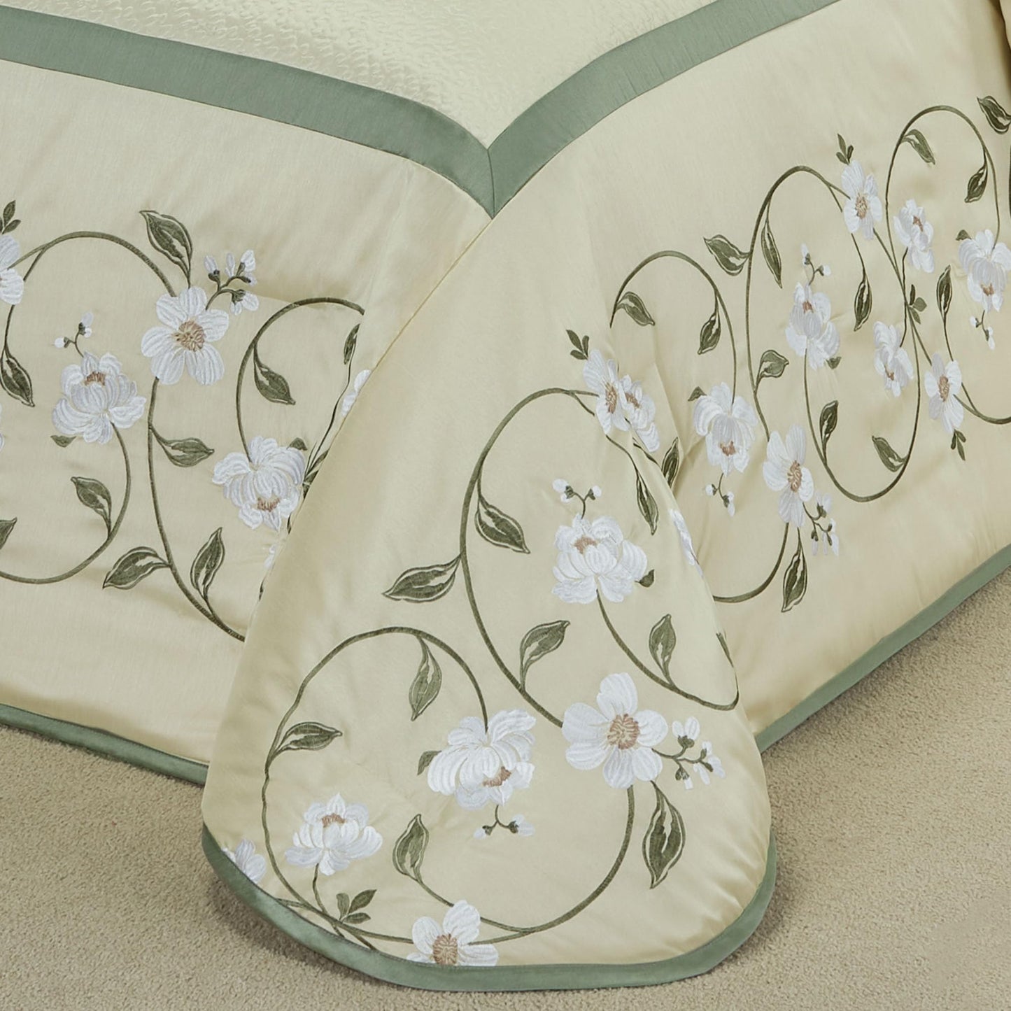 J. Queen New York Luxurious Garden Walk Bedding | Sophisticated Polyester Faux Silk Quilted Magnolia Flower Embroidery | Vanilla Cream Sage | 3 Piece Set: King Oversized Bedspread and 2 King Shams