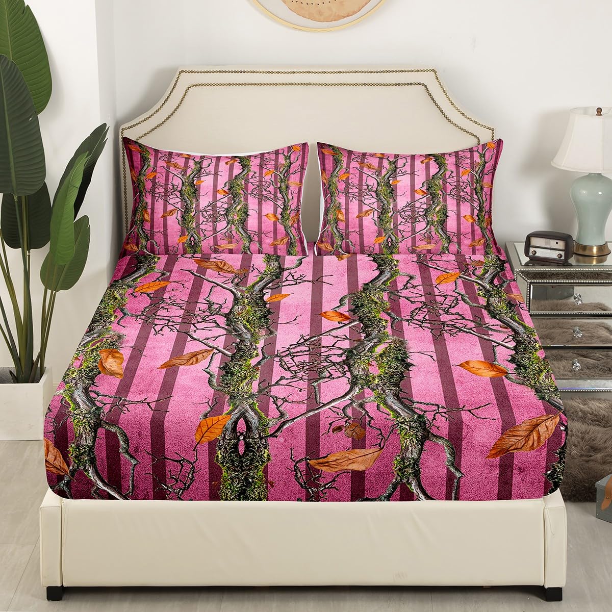 Camoflage Kids Fitted Sheet Twin Size,Hunter Cabin Tree Branches Botanical Leaves Rustic Bedding Set,Girls Women Room Decor,Geometric Stripes Bed Cover,Pink Bed Sheet,1 Pillowcase(No Top Sheet)
