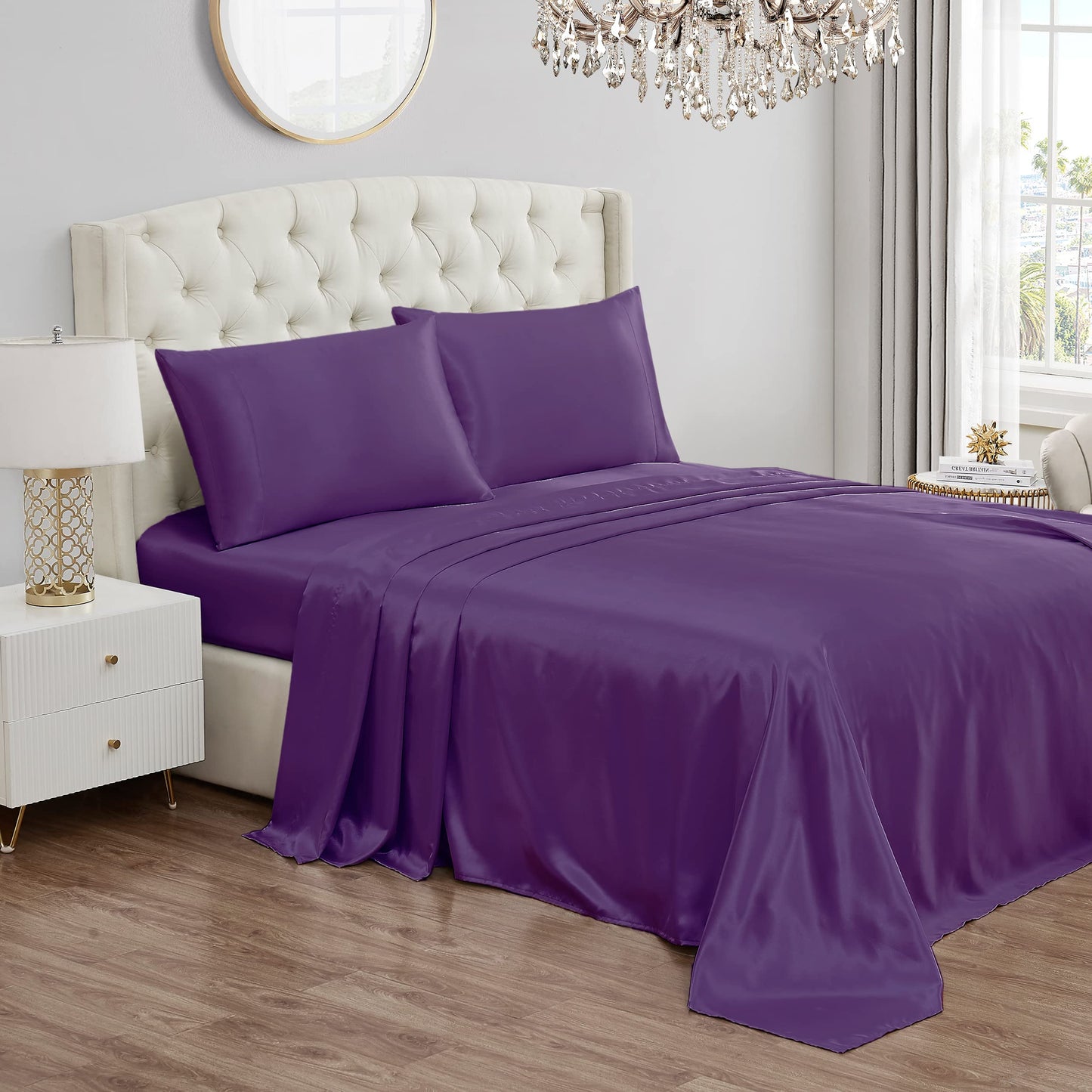 Juicy Couture Full Size Satin Bed Sheet Set, Deep Pocket Silky Full Sheet Set with 1 Fitted Sheet, 1 Flat Sheet and 2 Pillow Case, Wrinkle Resistant and Anti Pilling Bed Sheets - Purple