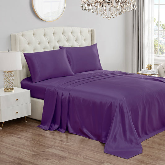 Juicy Couture Full Size Satin Bed Sheet Set, Deep Pocket Silky Full Sheet Set with 1 Fitted Sheet, 1 Flat Sheet and 2 Pillow Case, Wrinkle Resistant and Anti Pilling Bed Sheets - Purple