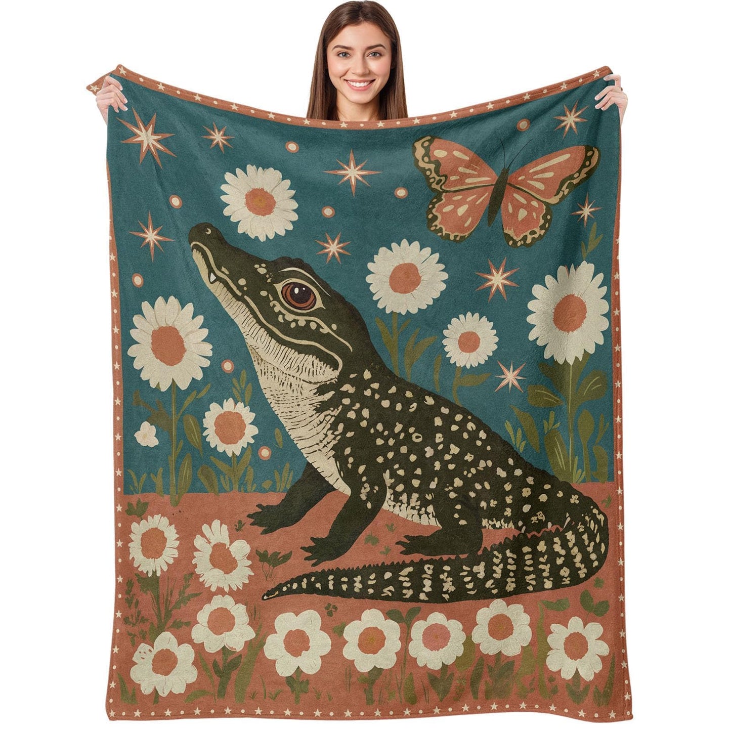 kampdream Retro Print Flannel Blanket Throw, Super Soft Cozy Nap Throws, Crocodile with Daisy and Butterfly Print Blanket for Sofa Travel and Camping, for All Seasons 50"x60" inch Red