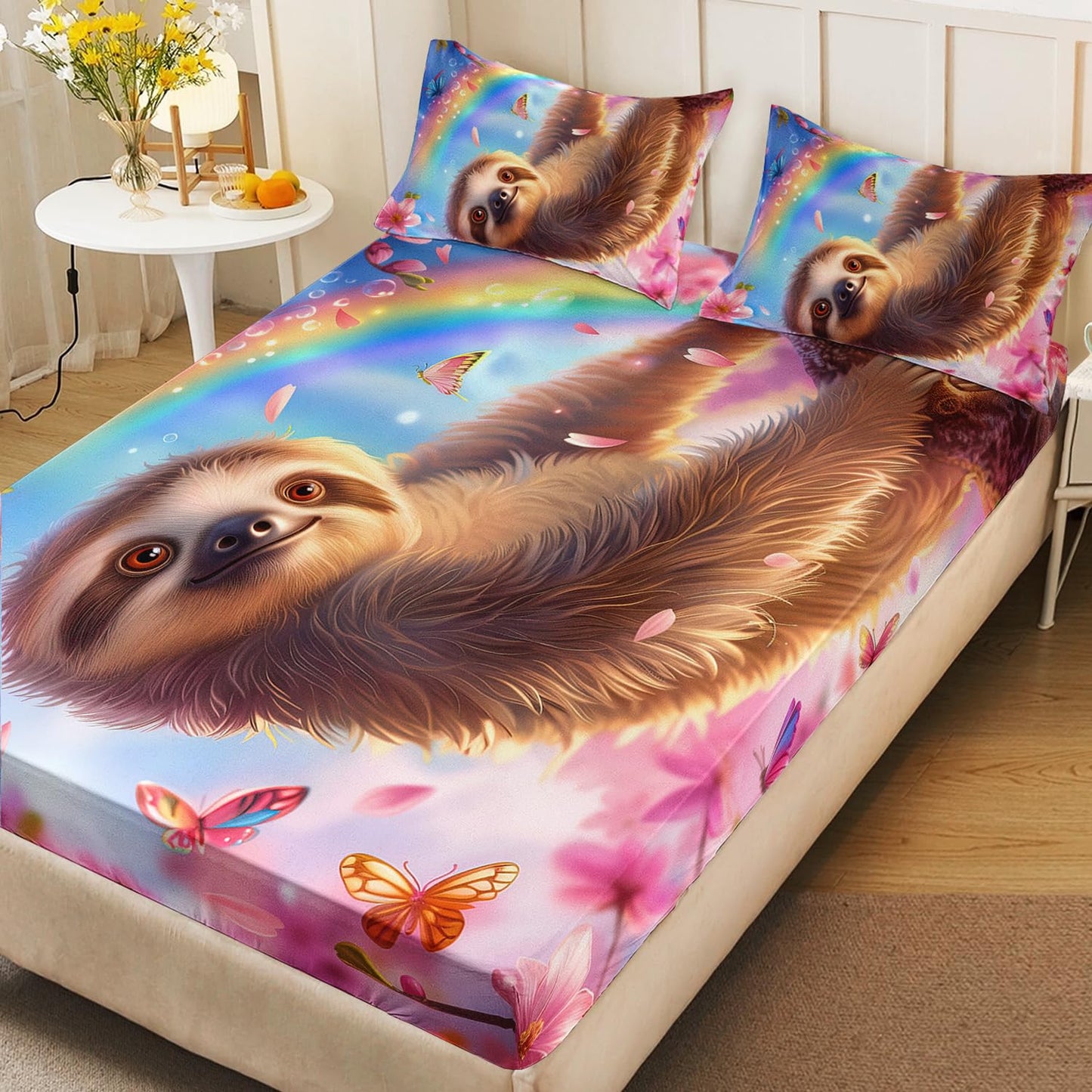 AILONEN Cute Sloth Bedding Set 3Pcs Rainbow Butterfly Pink Flower Fitted Sheet Set Queen Size, Kawaii Animal Theme Soft Microfiber Bed Sheet Set for Kids Girls,1 Fitted Sheet and 2 Pillowcases