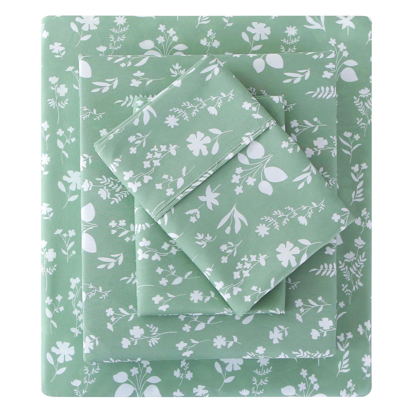 Viviland Sage Green Twin Sheet Set - 4 Piece Vintage Green Flower Patterned Bed Sheets - Soft, Breathable Microfiber Floral Sheets with Deep Pocket, Non-Slip Fitted Sheets & Pillowcases