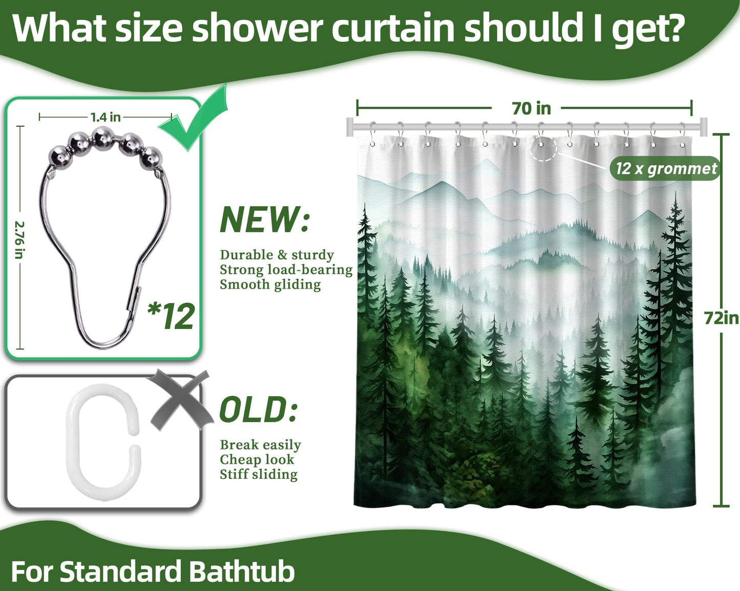 QGHOT Dark Green Forest Shower Curtain Green and White Shower Curtains for Bathroom Decor Sets, Nature Mountain Pattern, Waterproof Polyester Fabric with Hooks, 70" W x 72" L