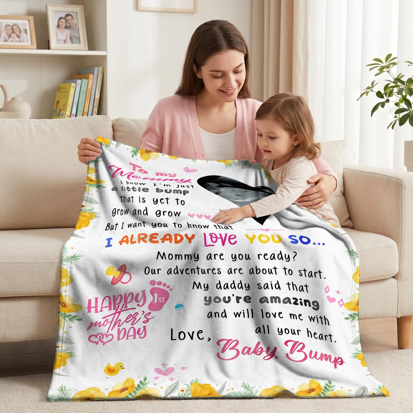 KiKiLuna Personalized Ultrasound Photo Heart Blanket, First for Pregnant Women, Pregnancy Announcement Flannel Throw, Baby Bump Message, 5 Color Background Options