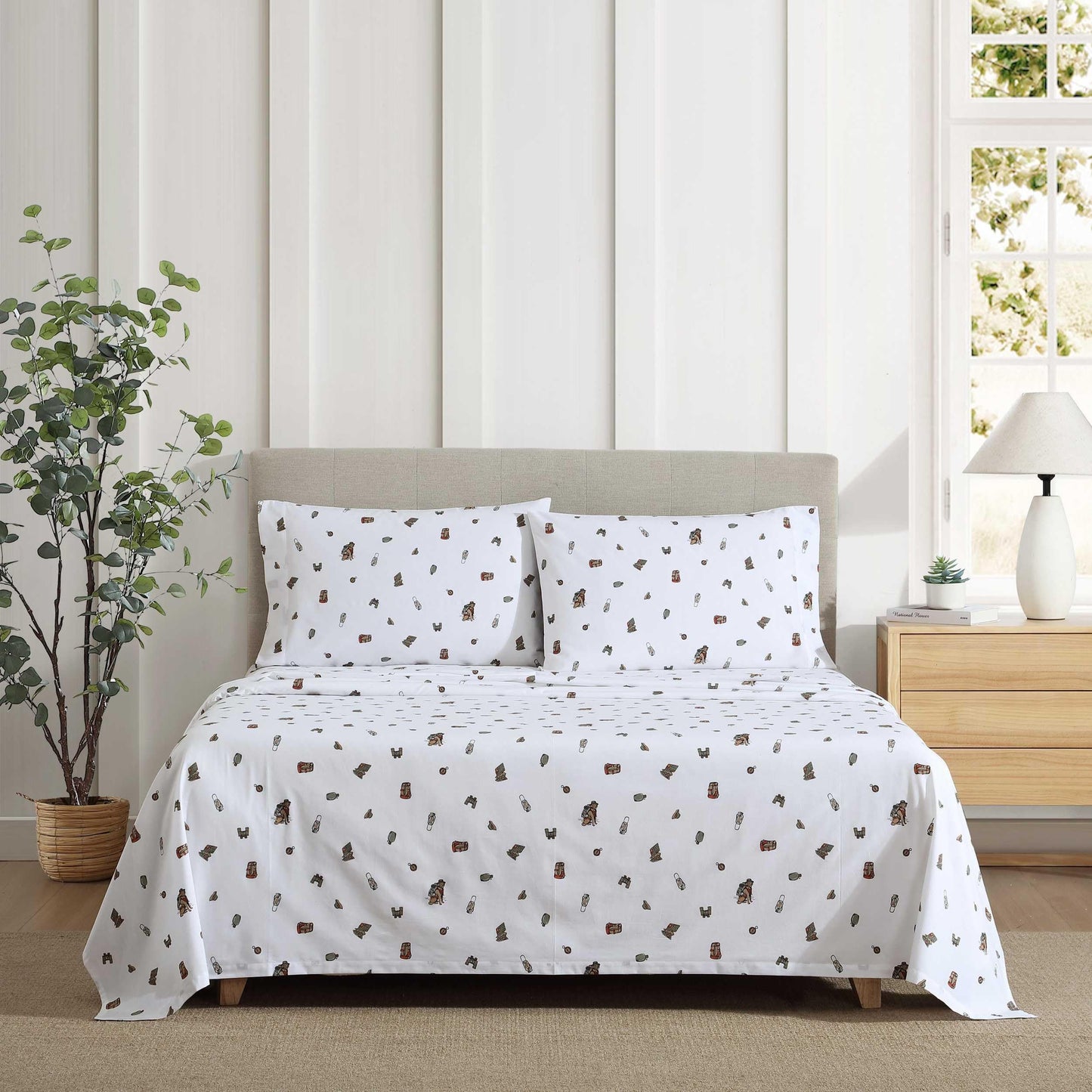 Eddie Bauer - Sheet Set, Luxurious Cotton Percale Bedding with Matching Pillowcase, Crisp & Cool, Fully Elasticized (Buddy Camping Allover White, Twin)