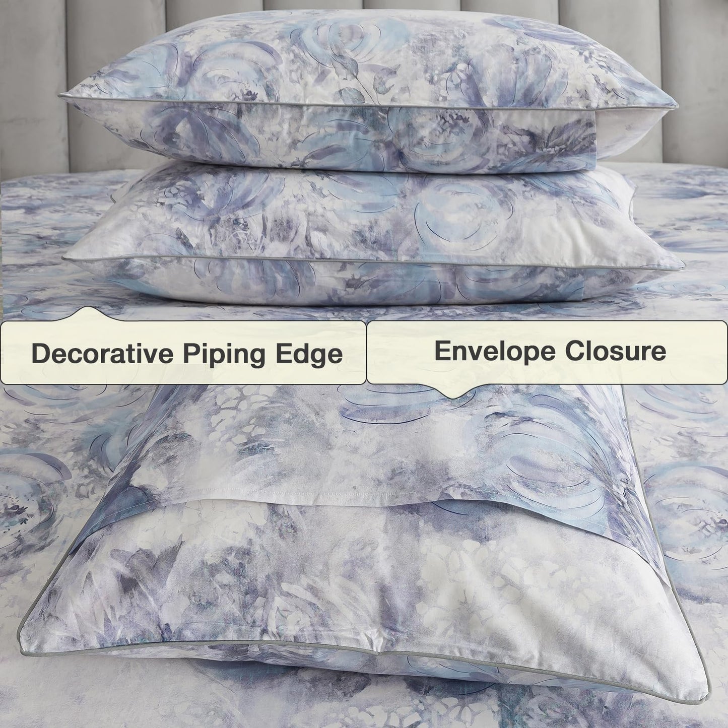 Puralens Blue Floral Cozy House Percale Sheets Queen, 100% Cotton White Flower Deep Pocket Vintage Sheet Set, Abstract Aesthetic Soft Crisp Toile Bed Sheets, Shabby Chic Farmhouse Bedding, 4Pcs
